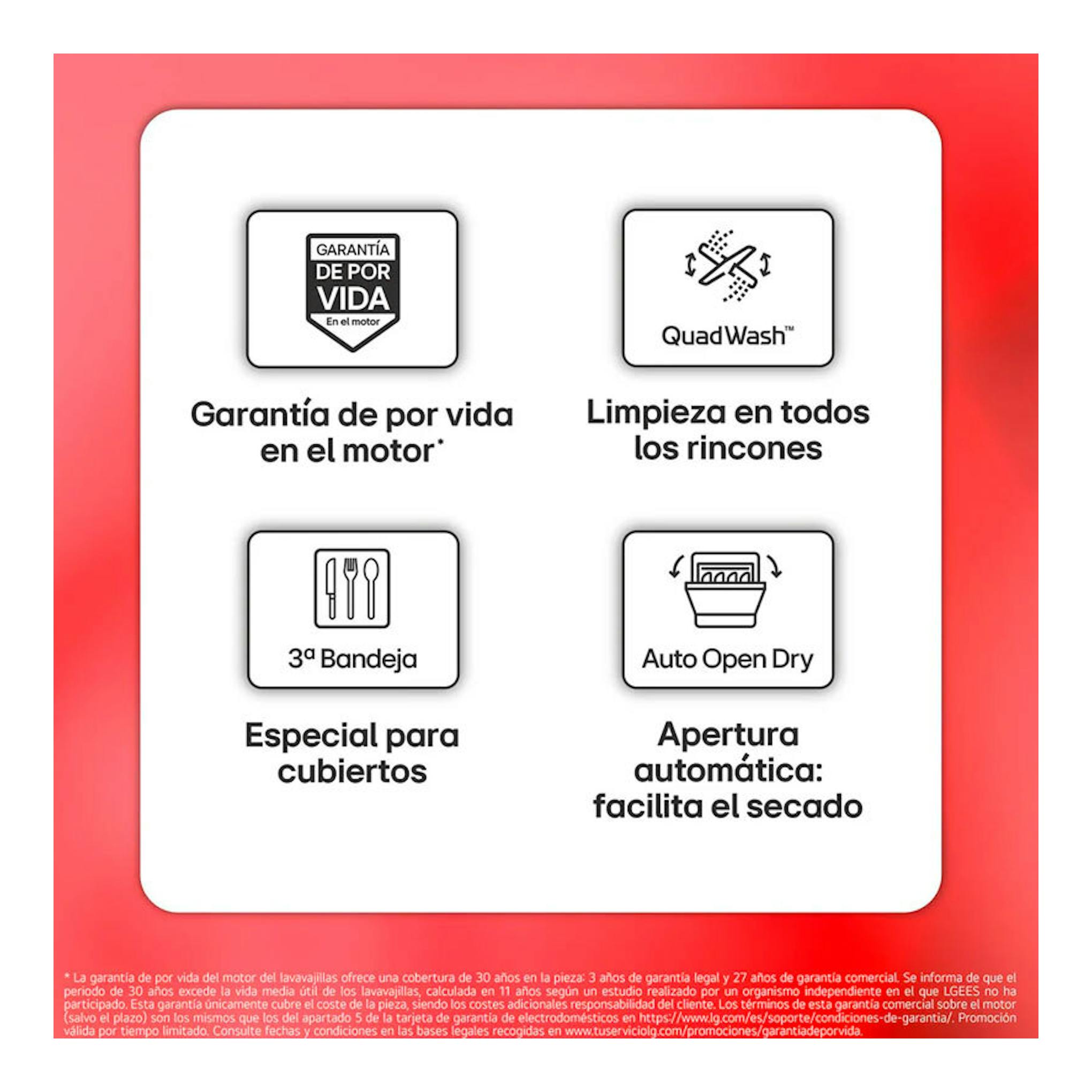 Infografía de LG DB273TX con iconos de garantía de motor, QuadWash, 3.ª bandeja y Auto Open Dry.
