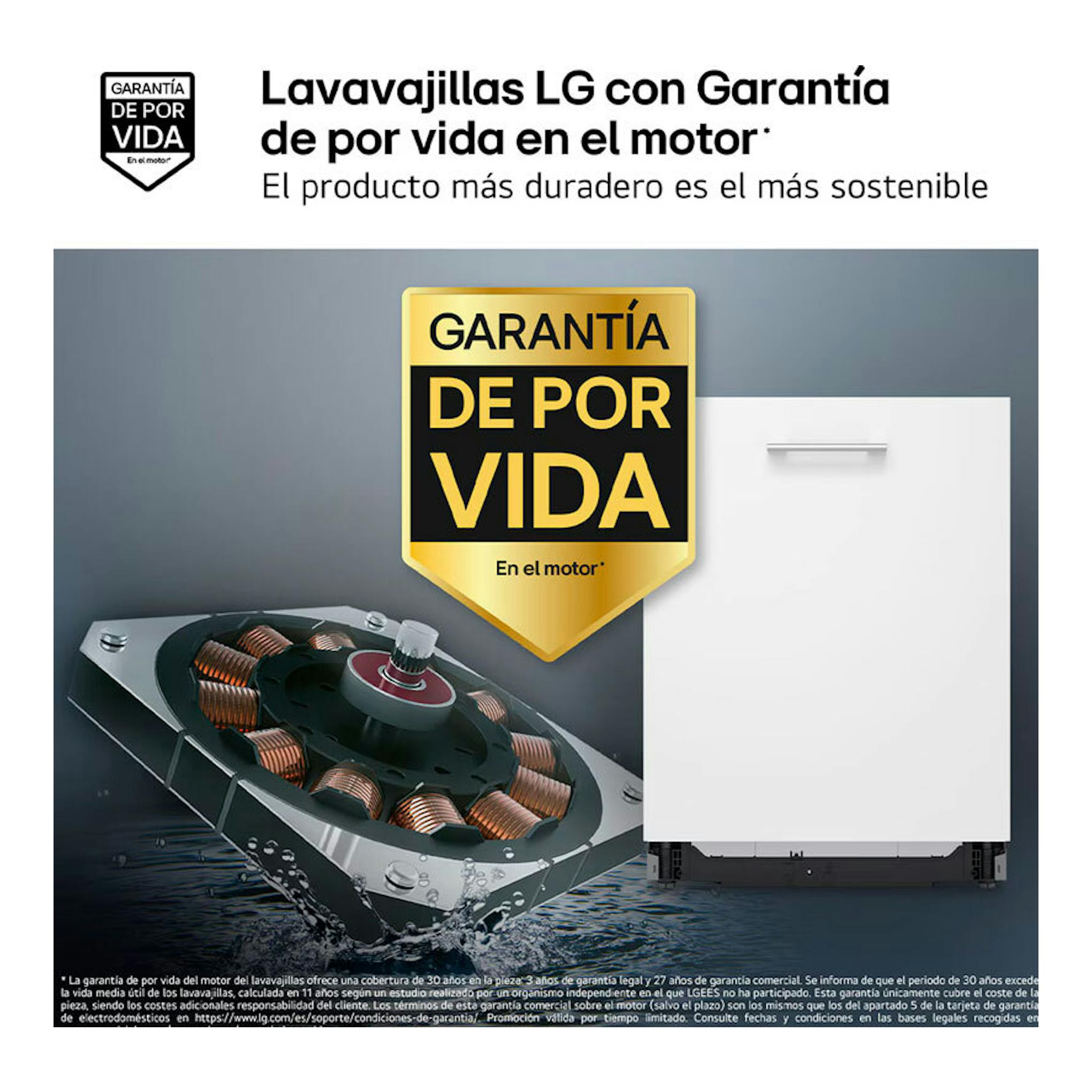 Lavavajillas LG blanco, vista frontal, con sello de garantía de por vida en el motor y dibujo del motor.