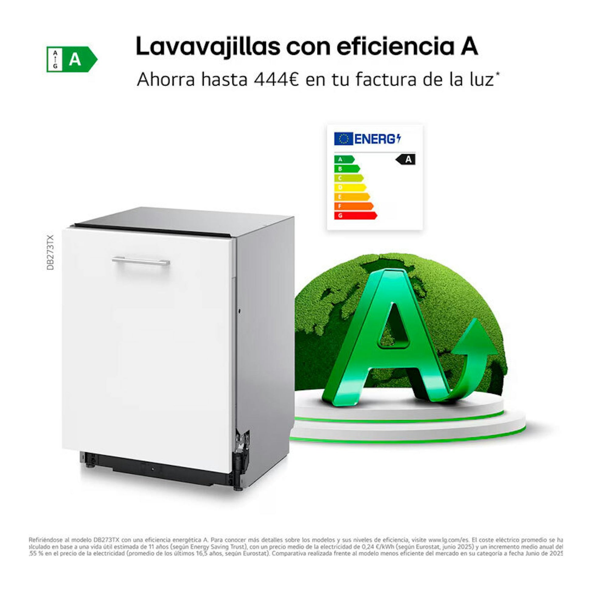 Lavavajillas integrable LG DB273TX blanco, vista frontal en ángulo, con etiqueta de eficiencia A.