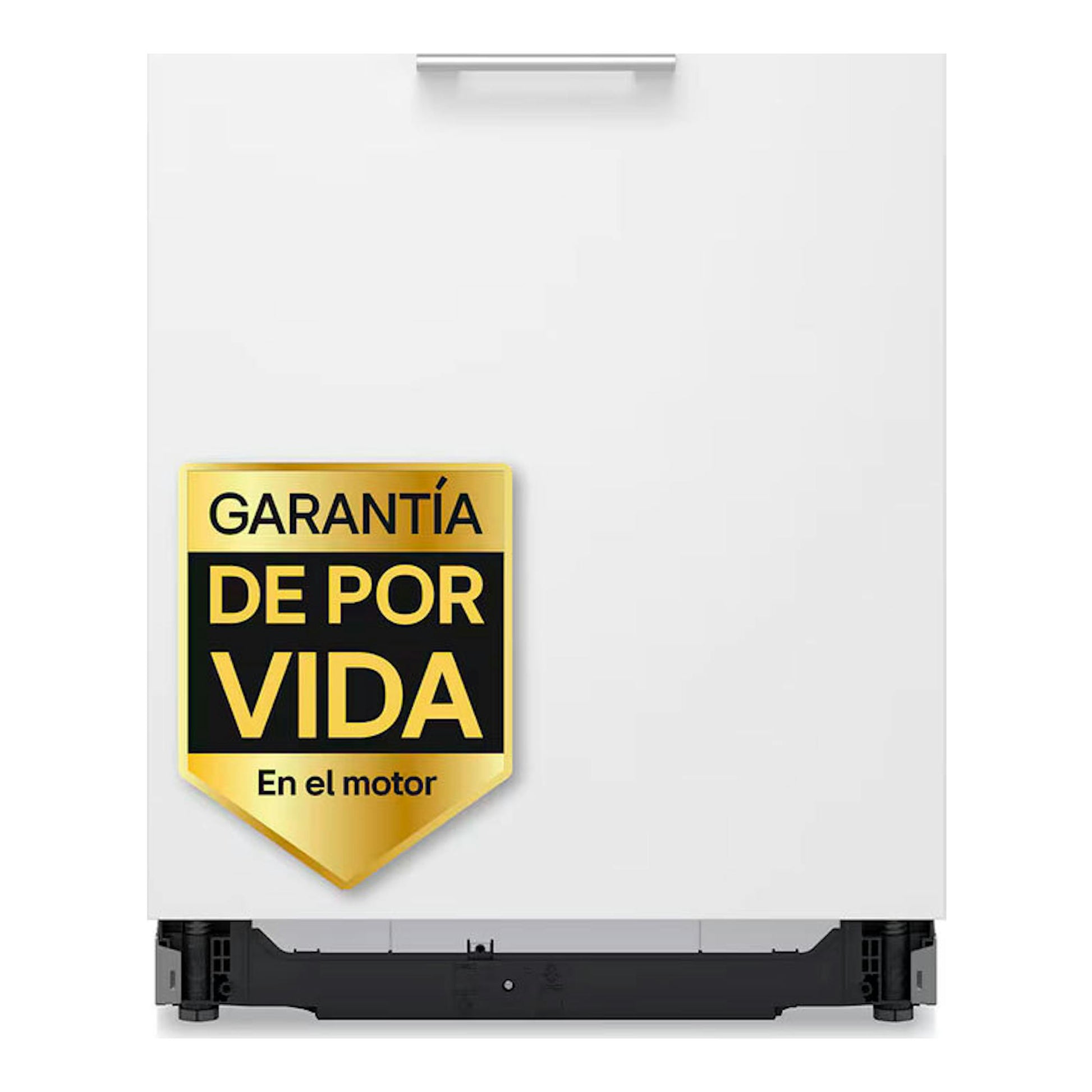 Lavavajillas integrable LG DB375TXS blanco, vista frontal, con etiqueta de garantía de por vida en el motor.