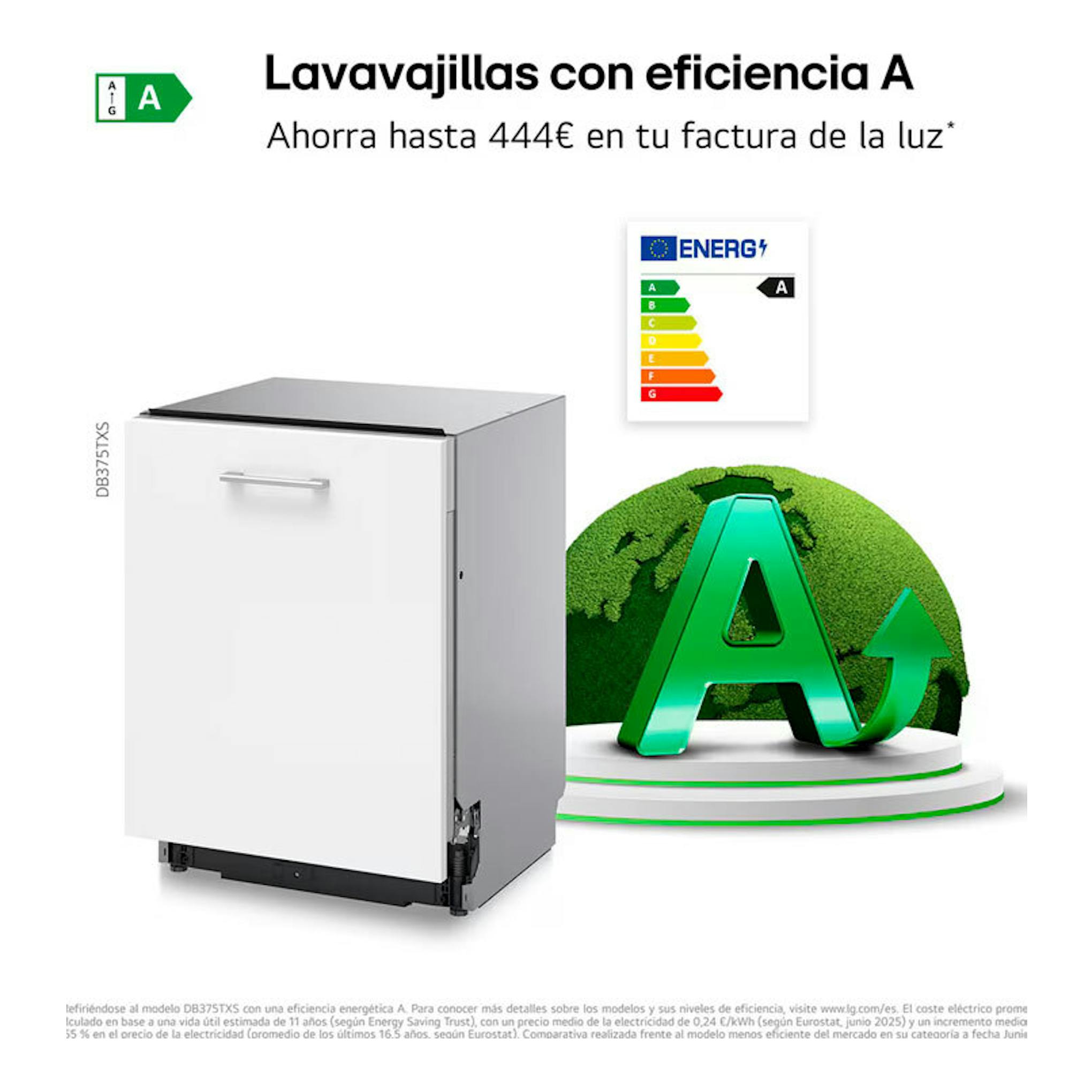 Lavavajillas integrable LG DB375TXS blanco, vista frontal en ángulo, con eficiencia energética A.