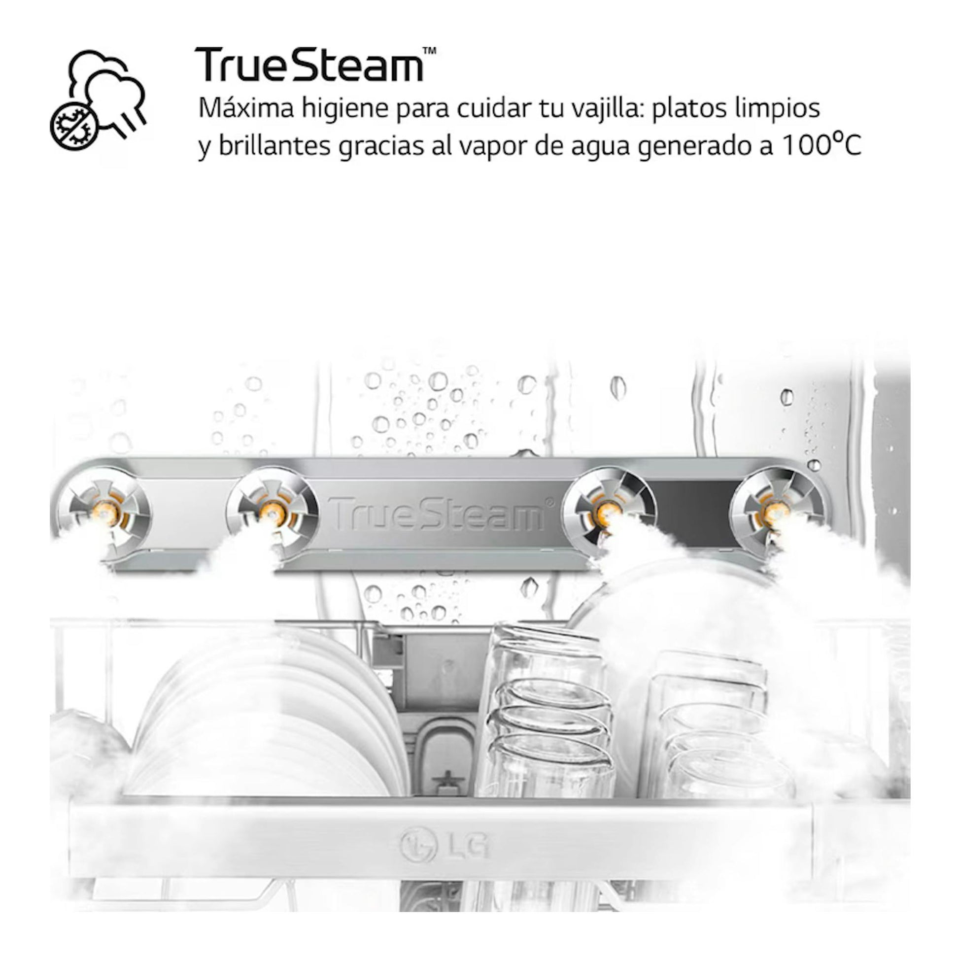 Ilustración frontal de lavavajillas LG DB597TXS con función TrueSteam y vapor sobre platos y vasos.
