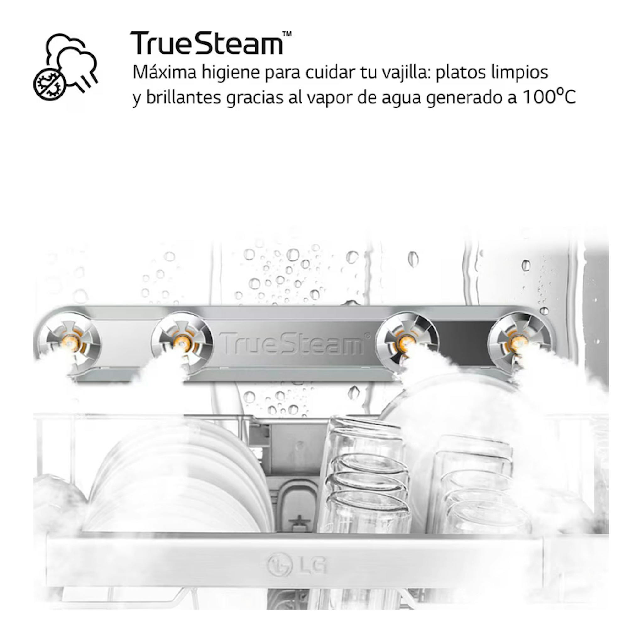 Ilustración frontal de lavavajillas LG DB597TXS con función TrueSteam y vapor sobre platos y vasos.