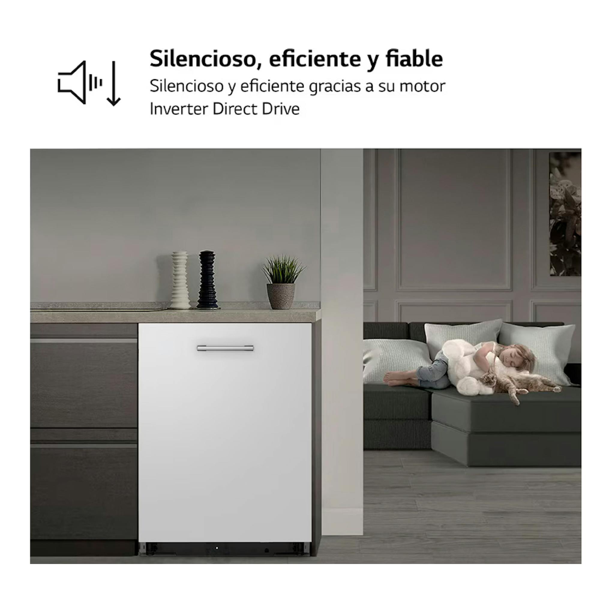 Lavavajillas integrable LG DB597TXS blanco, vista frontal, bajo encimera en cocina moderna.