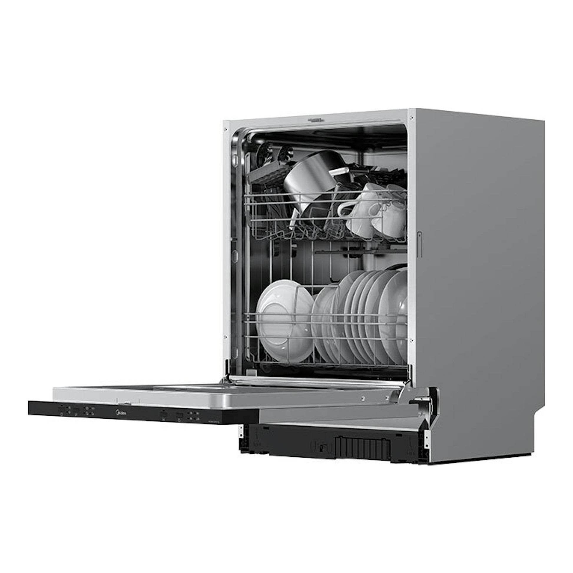Lavavajillas integrable Midea MDW12E4SL gris, con la puerta abierta y vista frontal, lleno de platos y tazas.