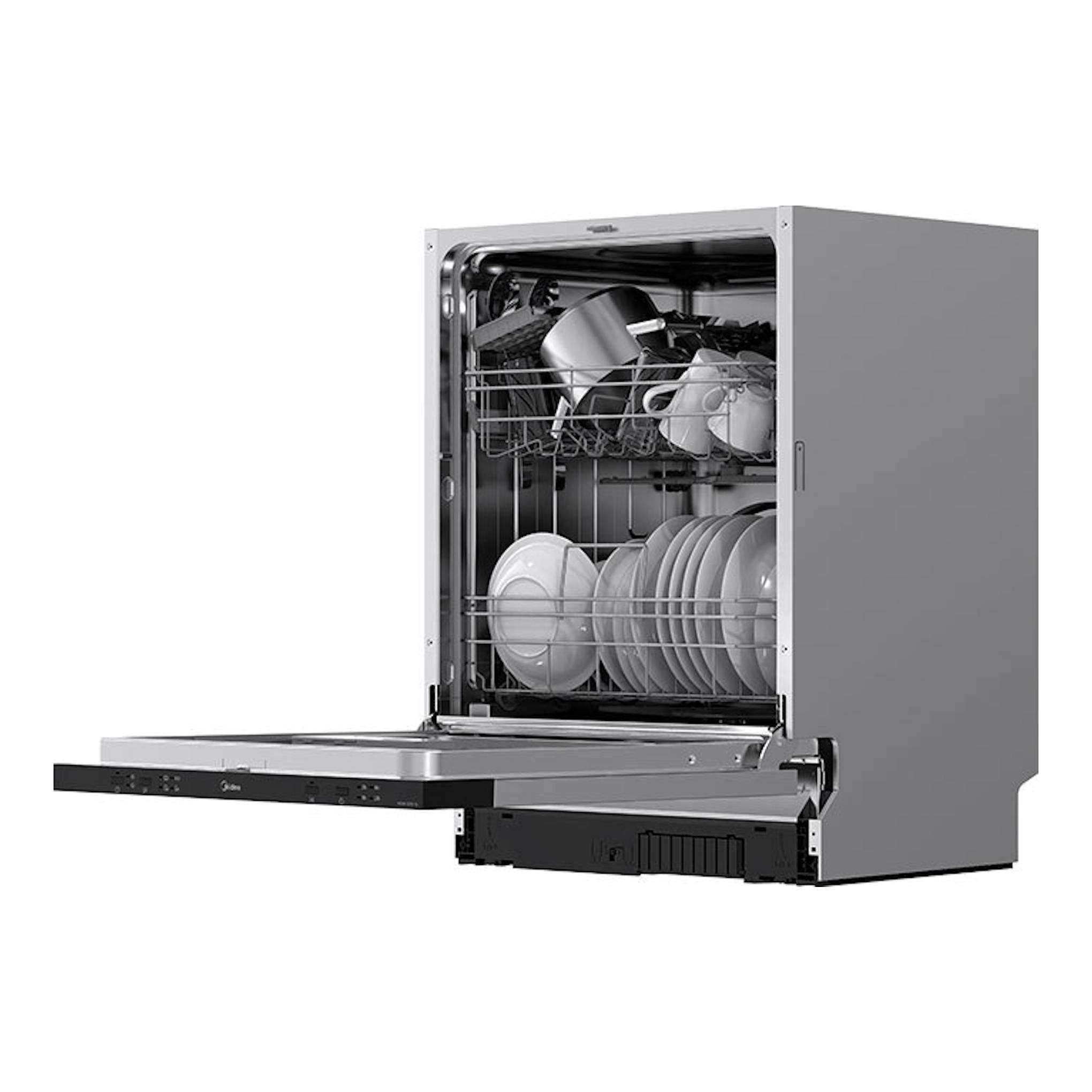 Lavavajillas integrable Midea MDW12E4SL gris, con la puerta abierta y vista frontal, lleno de platos y tazas.