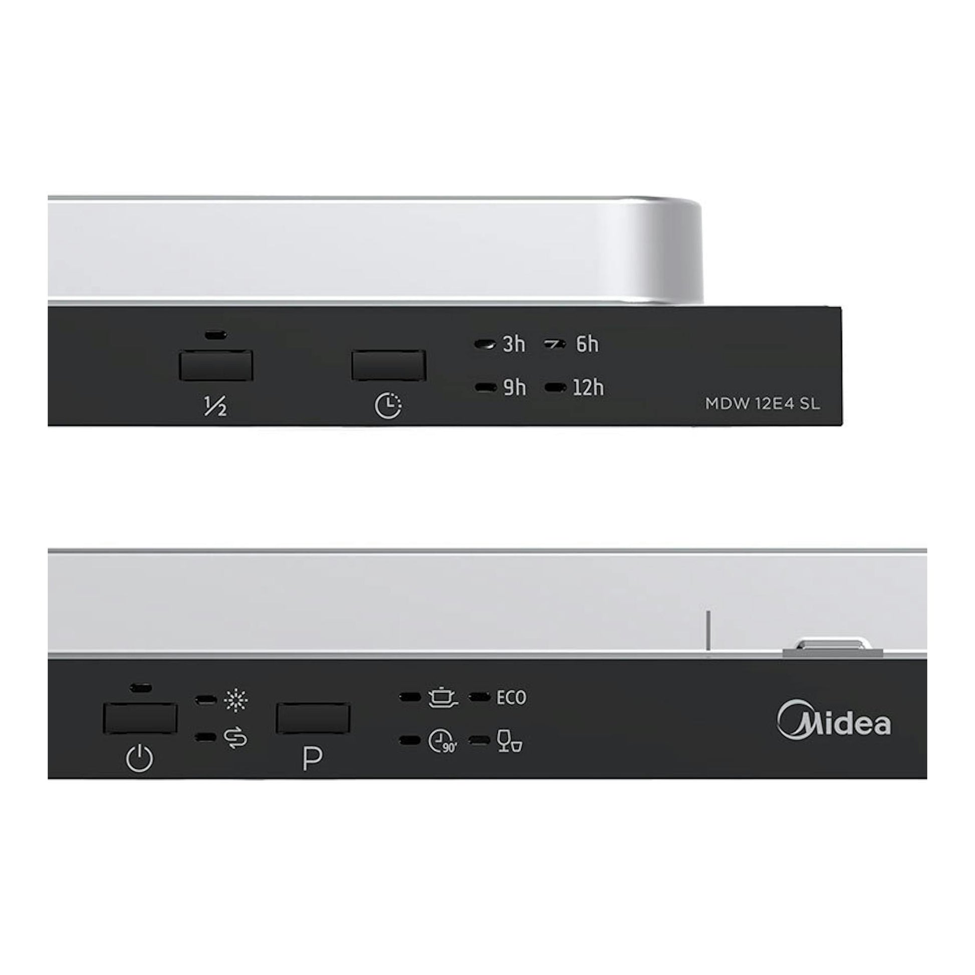 Lavavajillas integrable Midea MDW12E4SL, panel negro con botones y luces, vista frontal parcial.