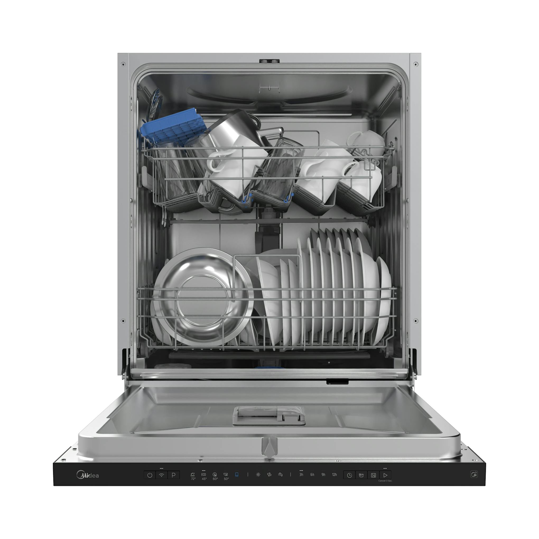 Lavavajillas integrable Midea MDWEB1403LB-WS abierto, vista frontal con cestas llenas de platos y vasos.
