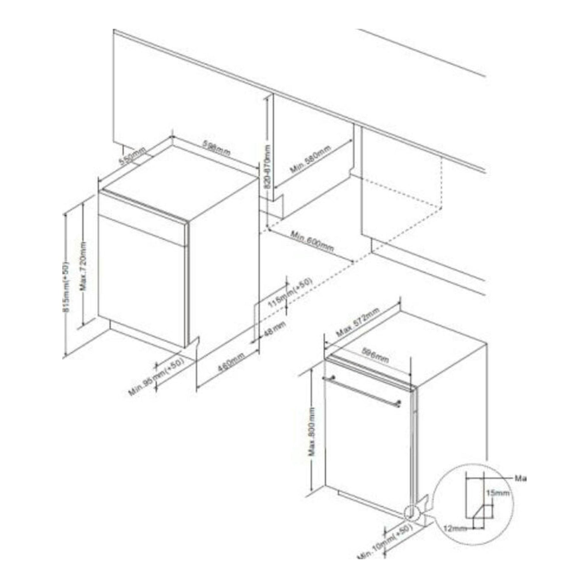 Diagrama técnico de instalación de lavavajillas integrable Midea MDWEB1403LB-WS de 60 cm, con medidas.