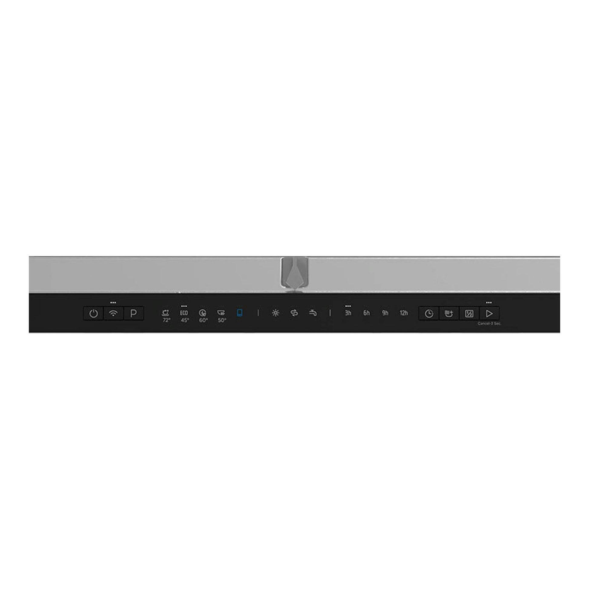 Lavavajillas integrable Midea MDWEB1403LB-WS, vista frontal del panel negro y puerta gris.