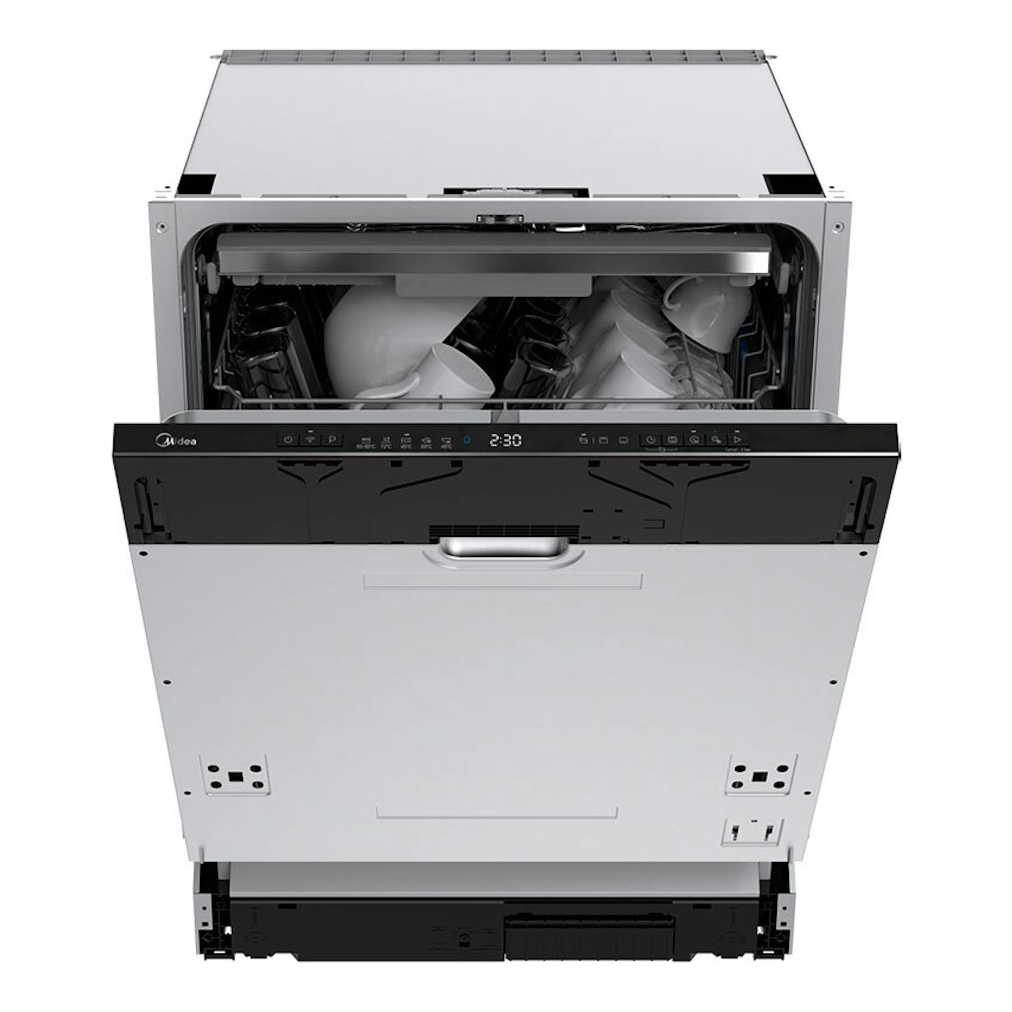 Midea MDWEB1403MB-EA, lavavajillas integrable de 60 cm, vista frontal con la puerta abierta y cestas visibles.
