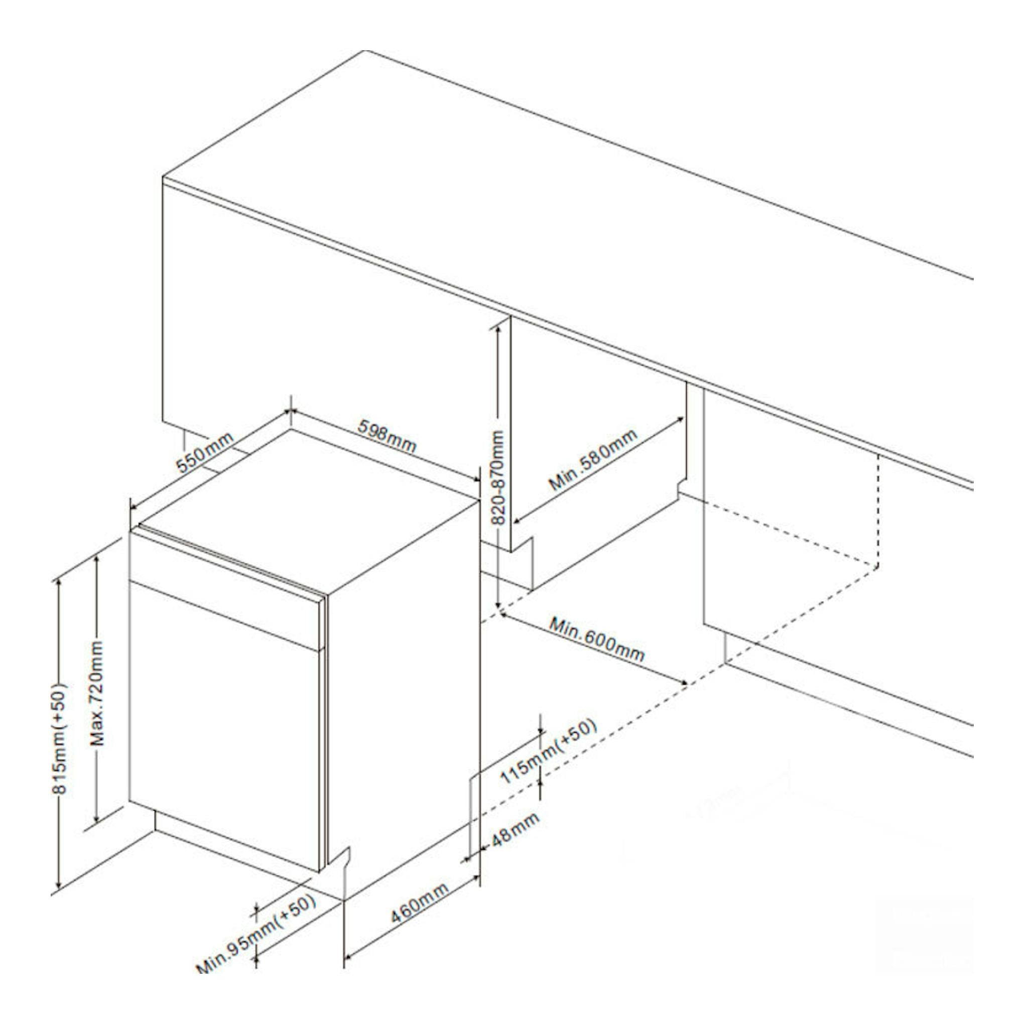 Diagrama técnico de lavavajillas integrable Midea MDWEB1403MB-EA en vista isométrica, blanco, con medidas.