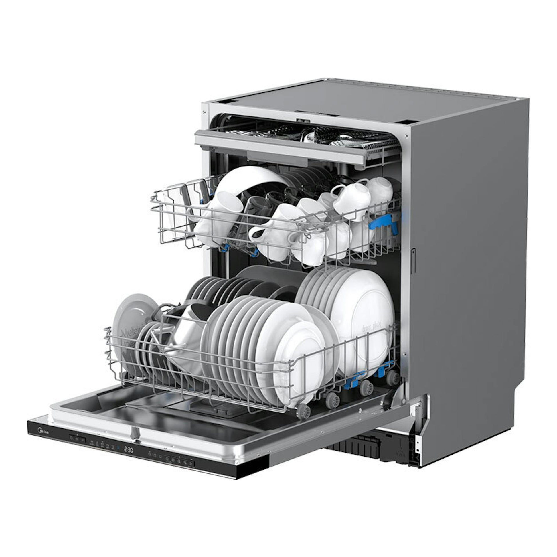 Lavavajillas integrable Midea MDWEB1403MB-EA gris, con puerta abierta y cestas cargadas de vajilla.