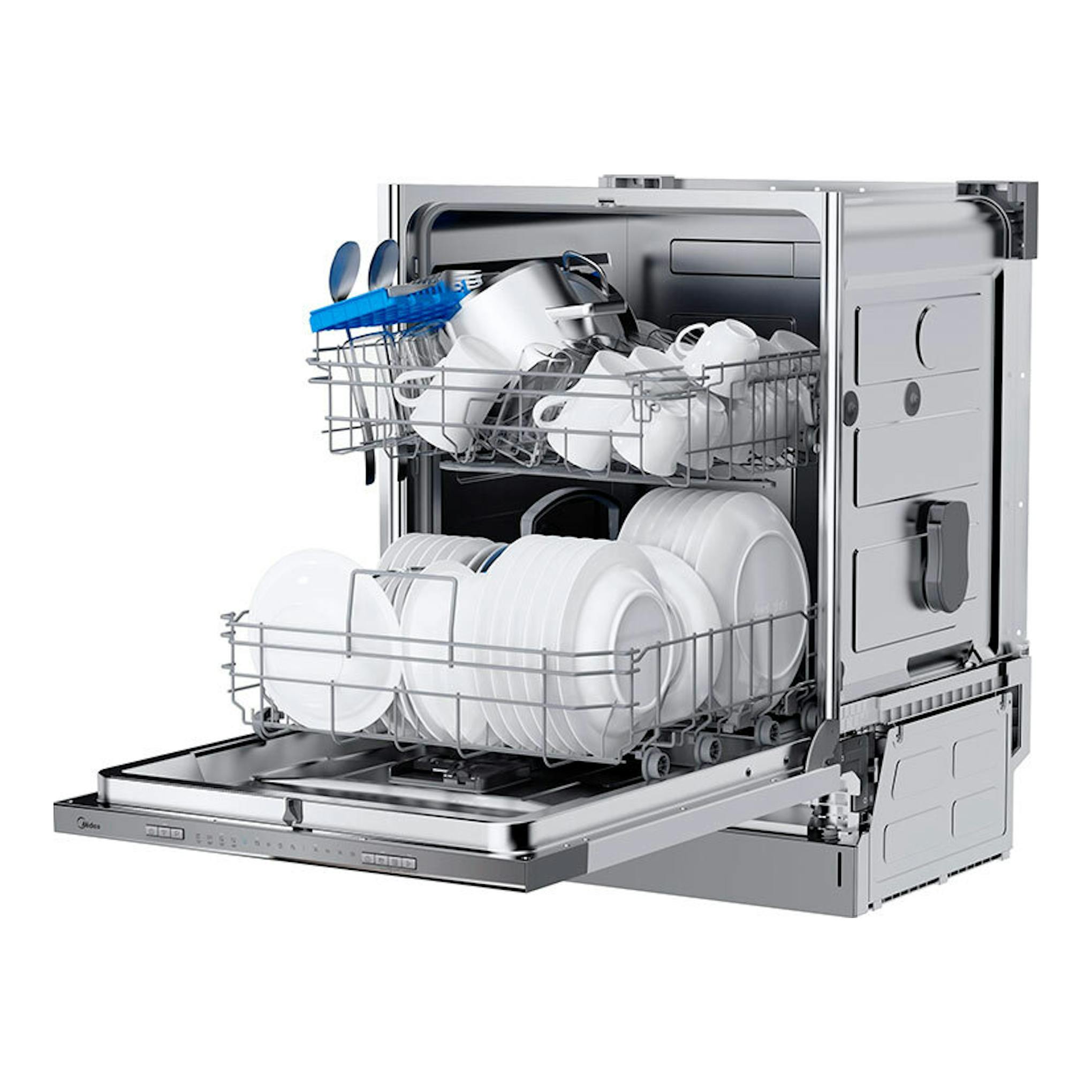 Lavavajillas integrable Midea MDWPB1303LS-W de 60 cm, vista frontal con puerta abierta y cestas con vajilla.