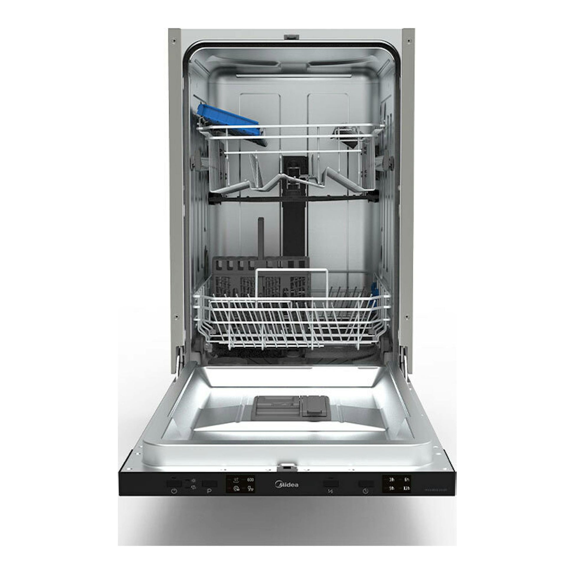 Lavavajillas integrable Midea MID45S120ES de 45 cm, vista frontal abierta, interior plateado.