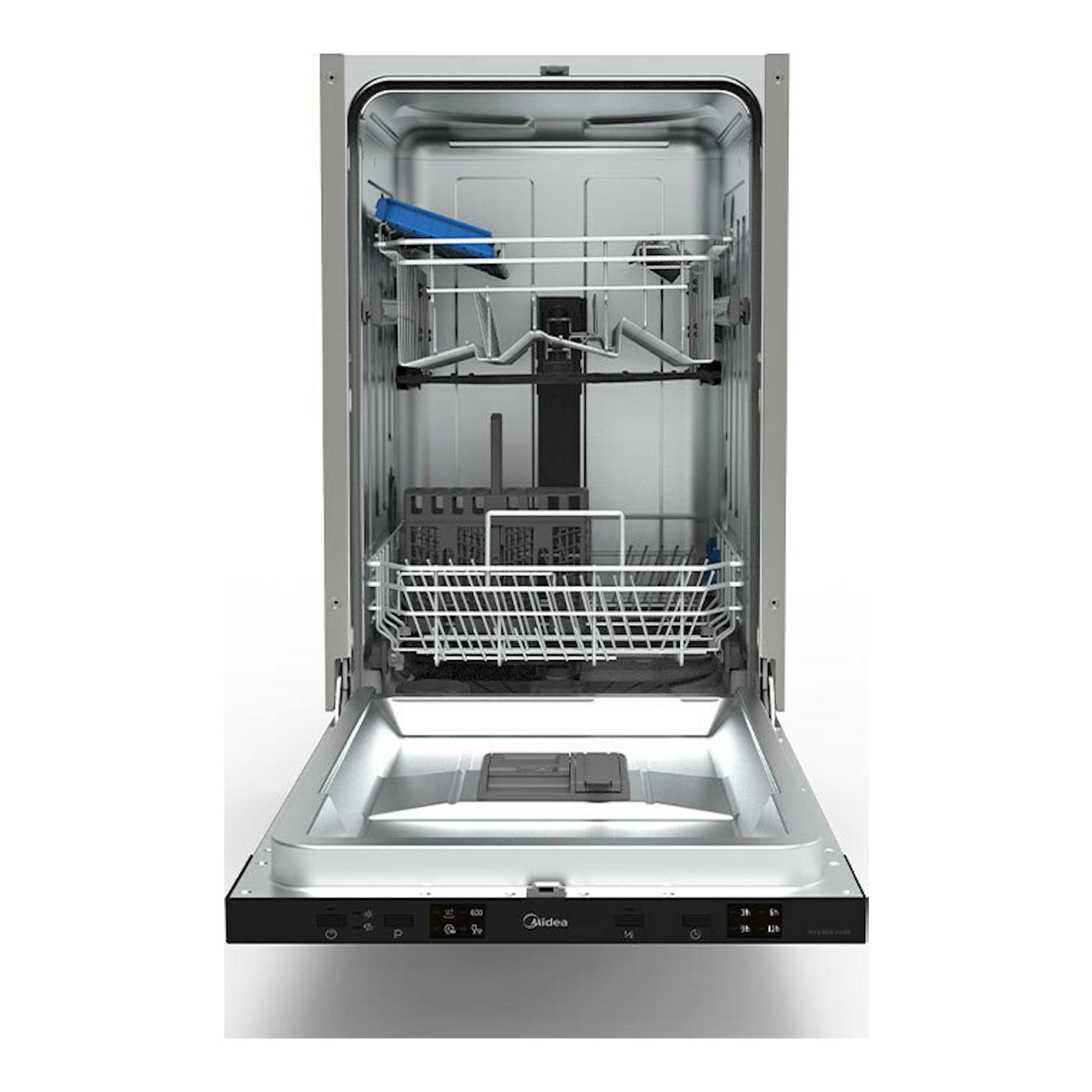 Lavavajillas integrable Midea MID45S120ES de 45 cm, vista frontal abierta, interior plateado.