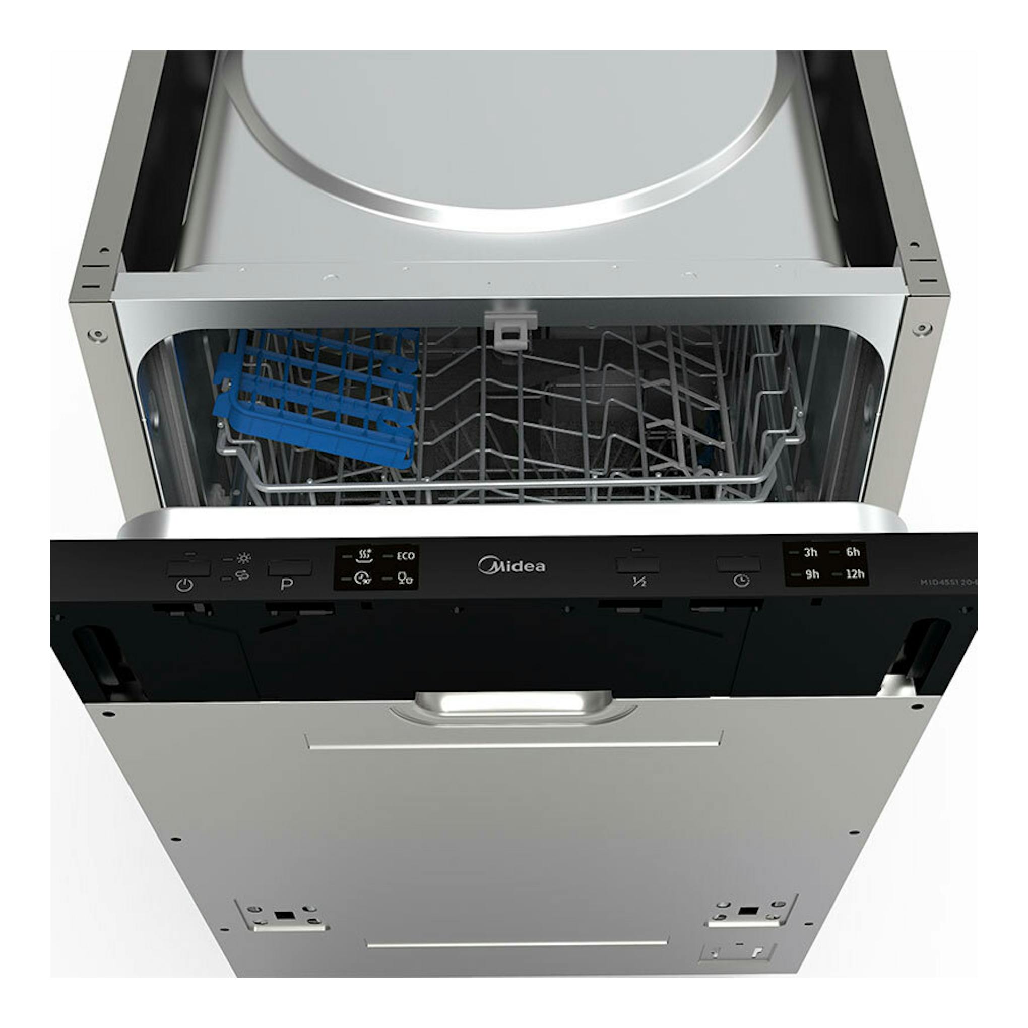 Lavavajillas integrable Midea MID45S120ES, vista frontal abierta, interior en acero inoxidable y panel negro.
