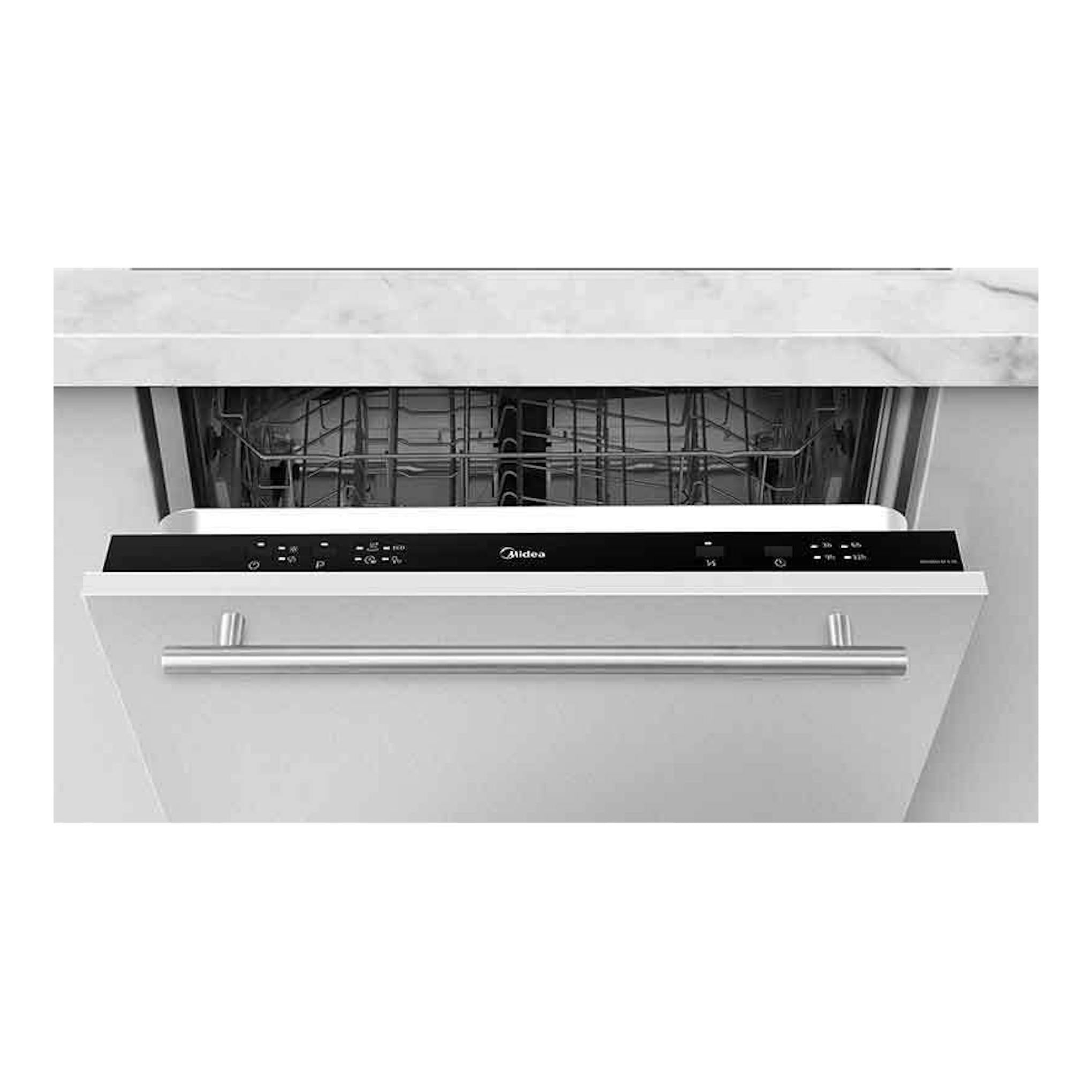 Lavavajillas integrable Midea MID60S110.1-ES blanco, vista frontal con la puerta abierta y panel negro.