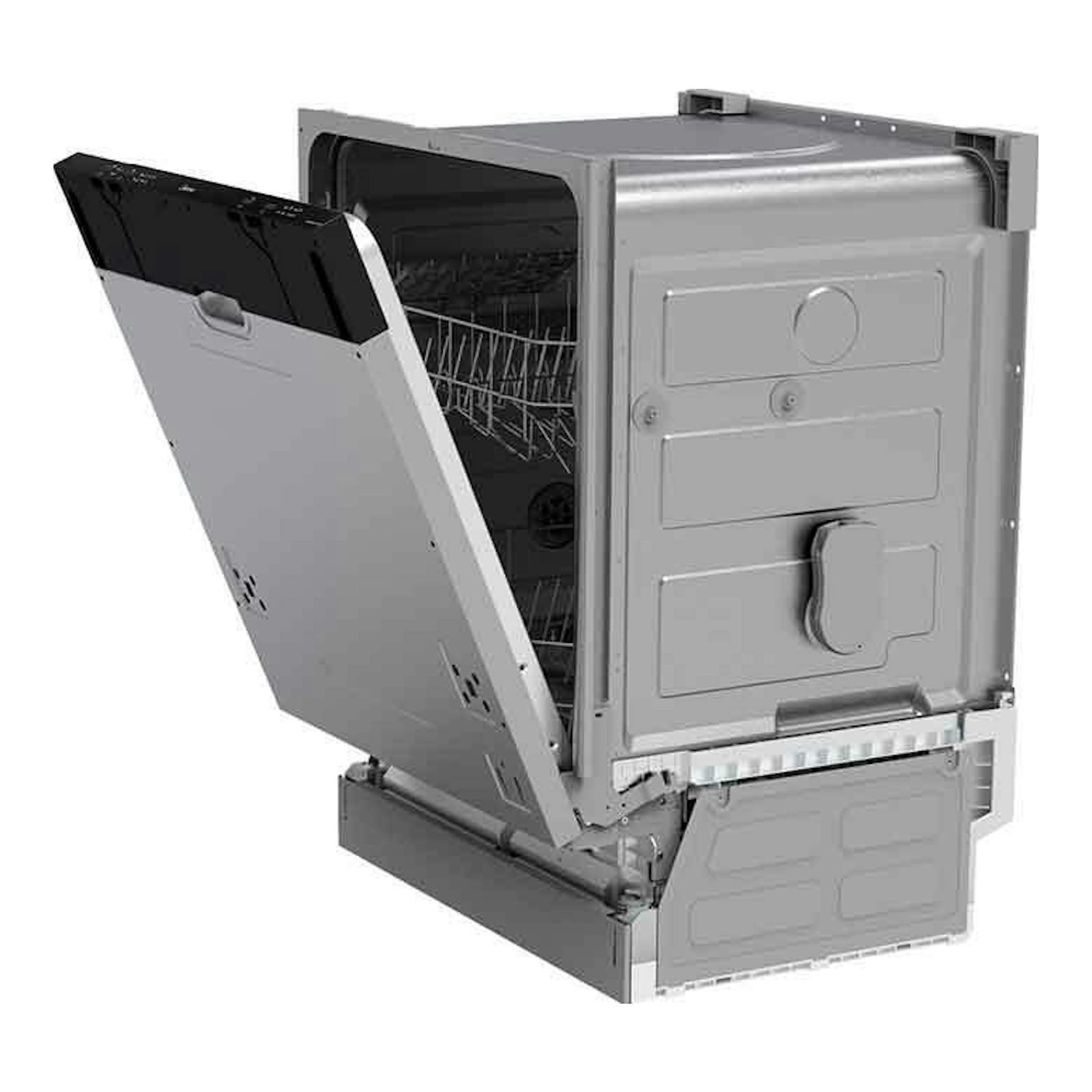 Lavavajillas integrable Midea MID60S110.1-ES de 60 cm, vista lateral trasera, gris, puerta abierta.