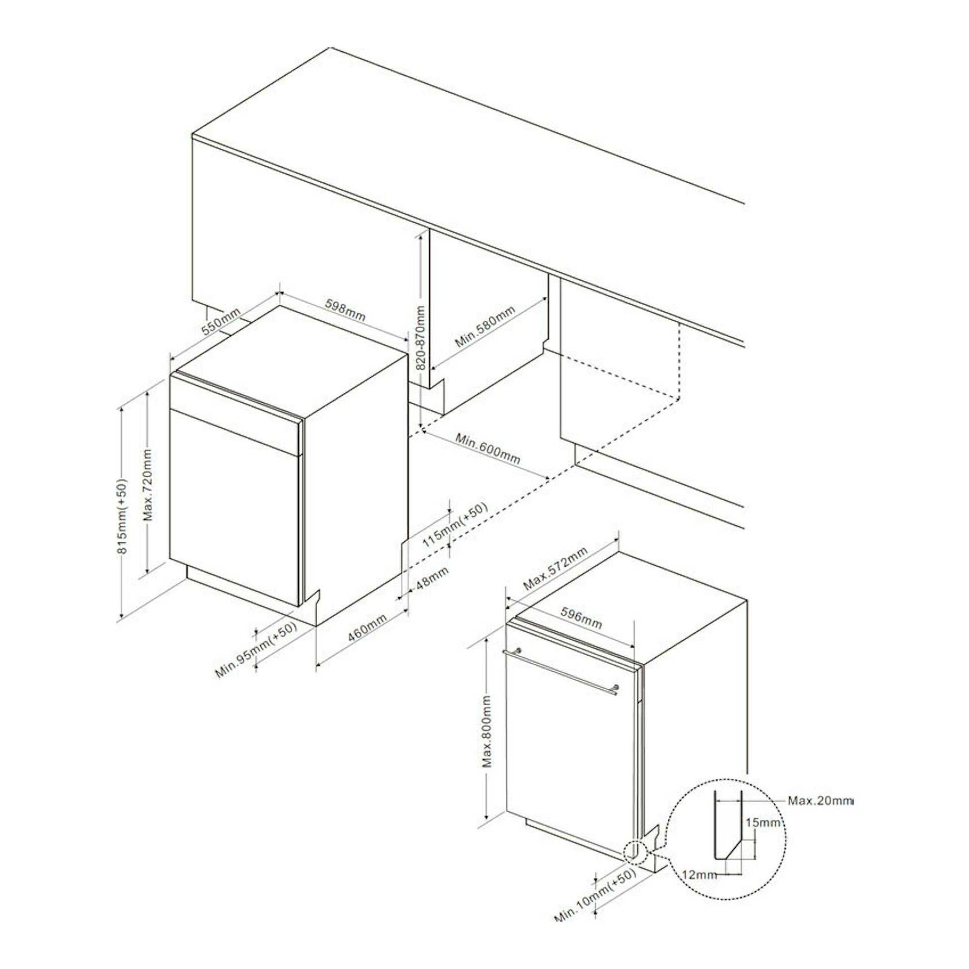 Diagrama isométrico de instalación de lavavajillas integrable Midea MID60S200 2-ES, en blanco, con medidas.
