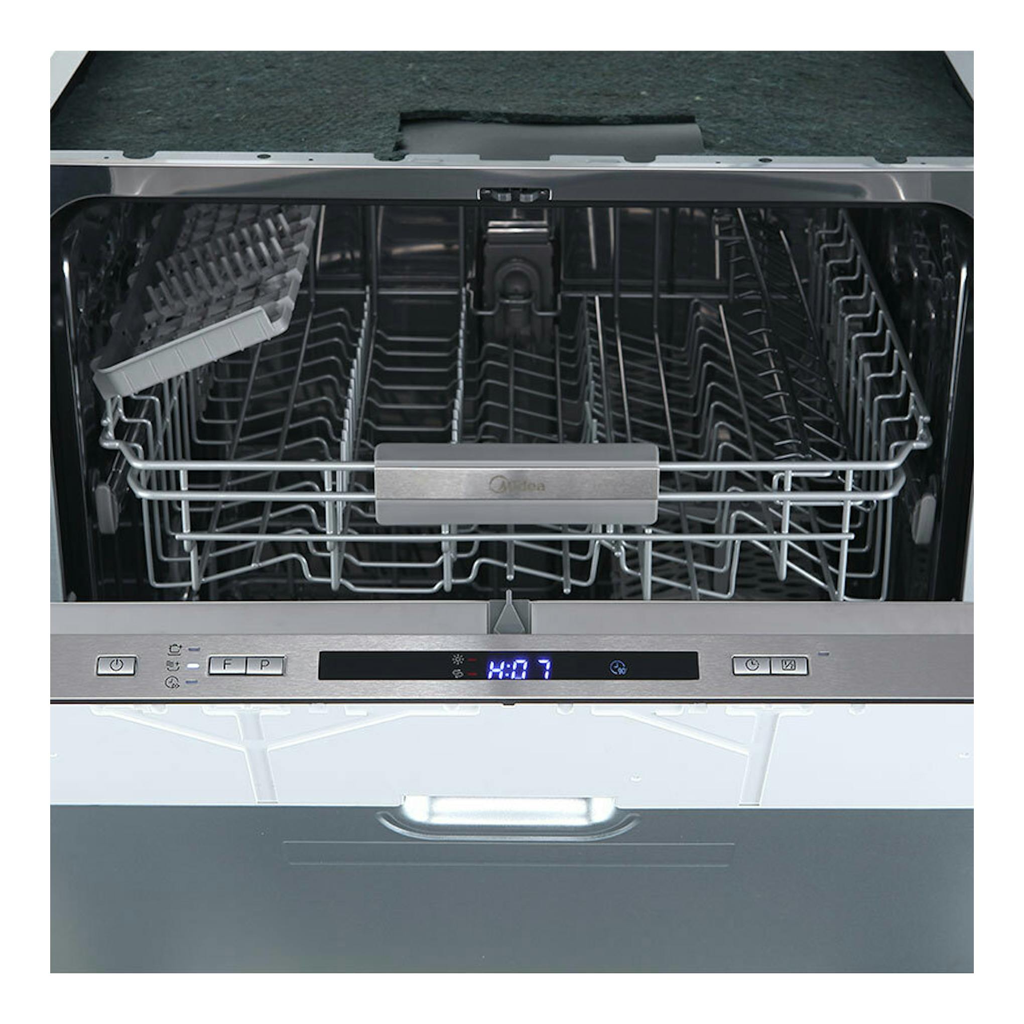 Lavavajillas integrable Midea MID60S200 2-ES abierto, con cesta y panel digital frontal.