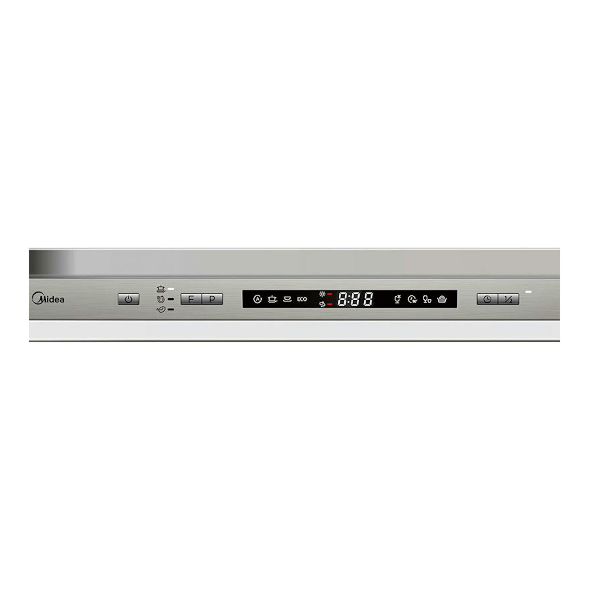 Lavavajillas integrable Midea MID60S200, vista frontal parcial del panel de control en acero inoxidable.