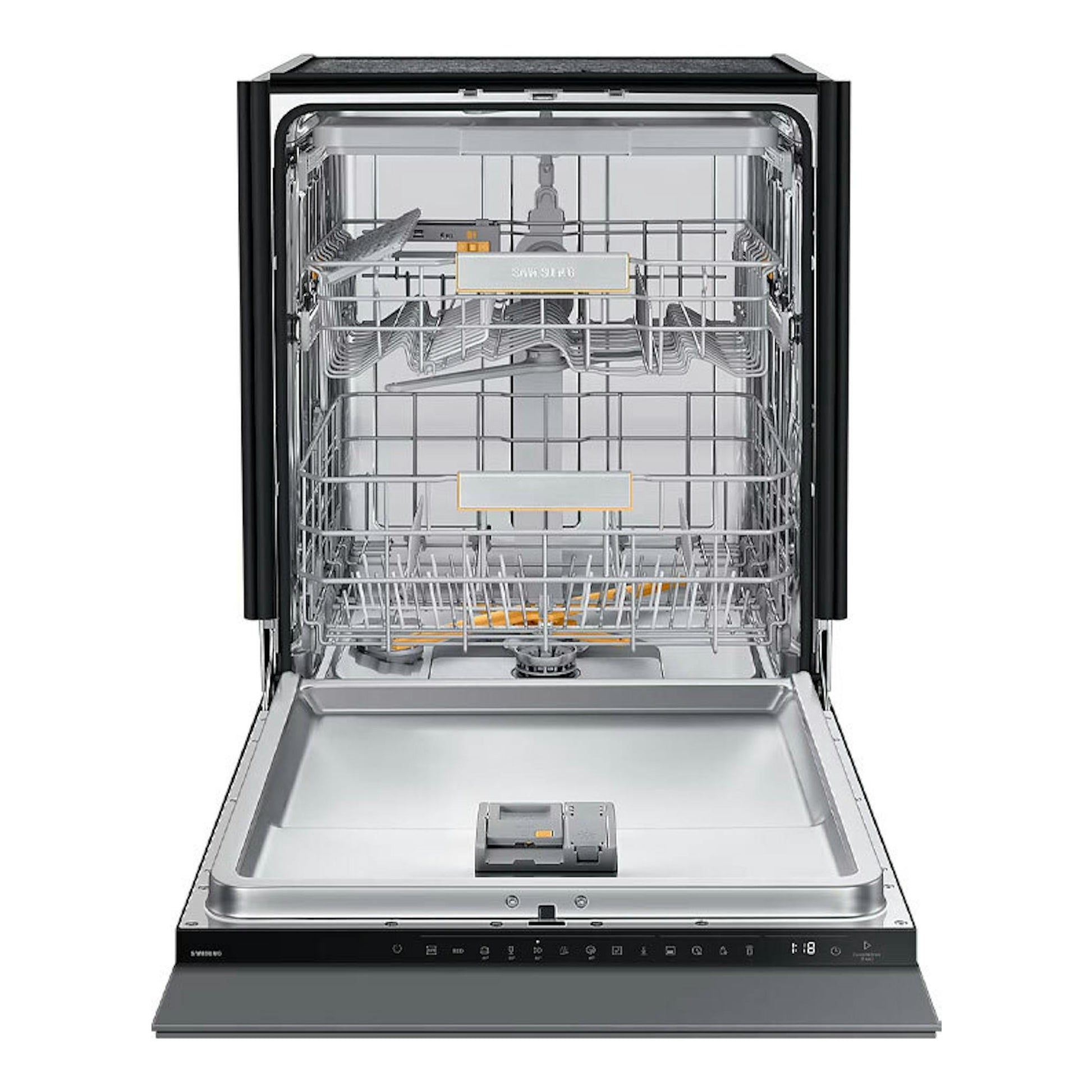 Lavavajillas integrable Samsung DW60DG790I00U1 abierto, vista frontal, interior en acero inoxidable.