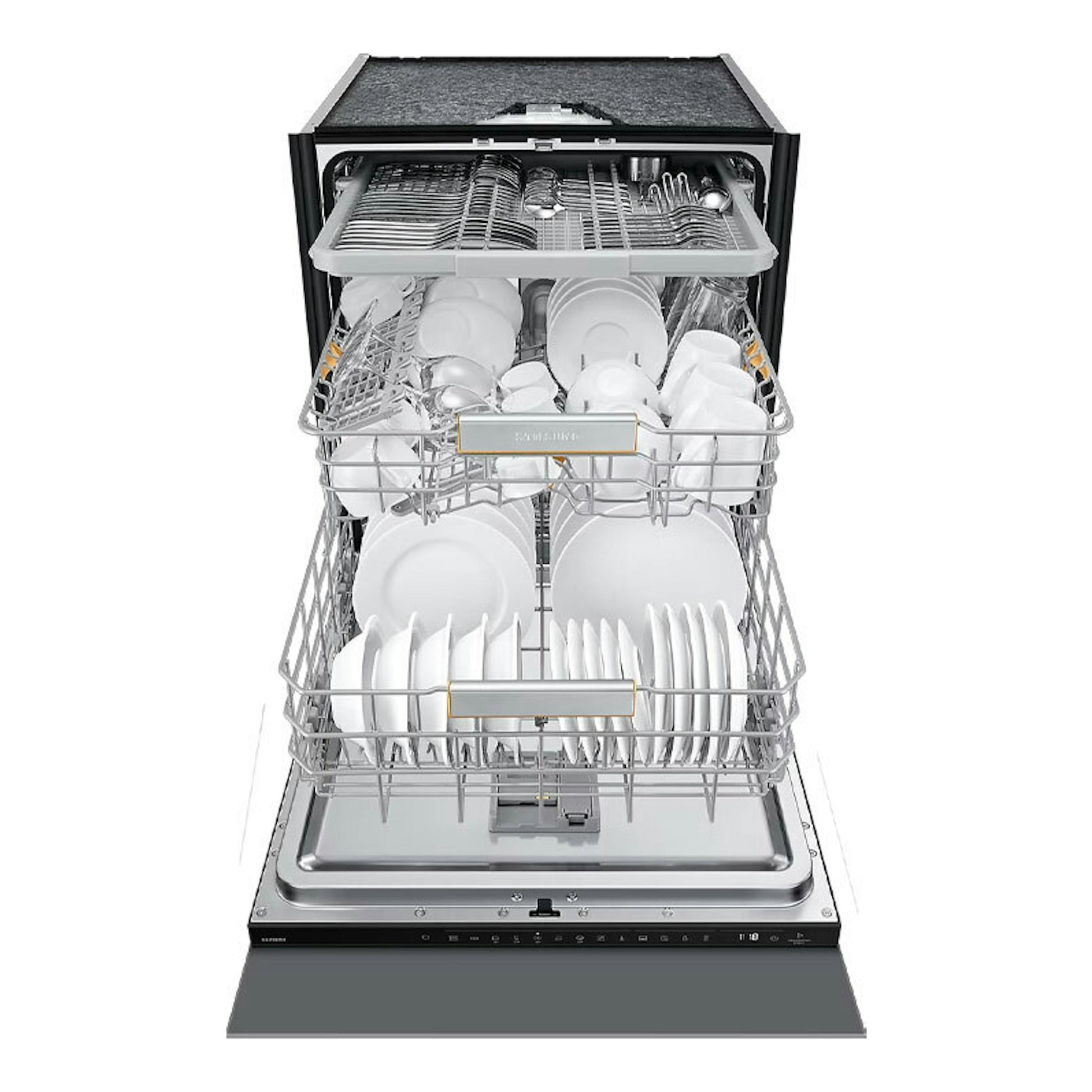 Lavavajillas integrable Samsung DW60DG790I00U1 de 60 cm, abierto, con cestas y vajilla blanca.