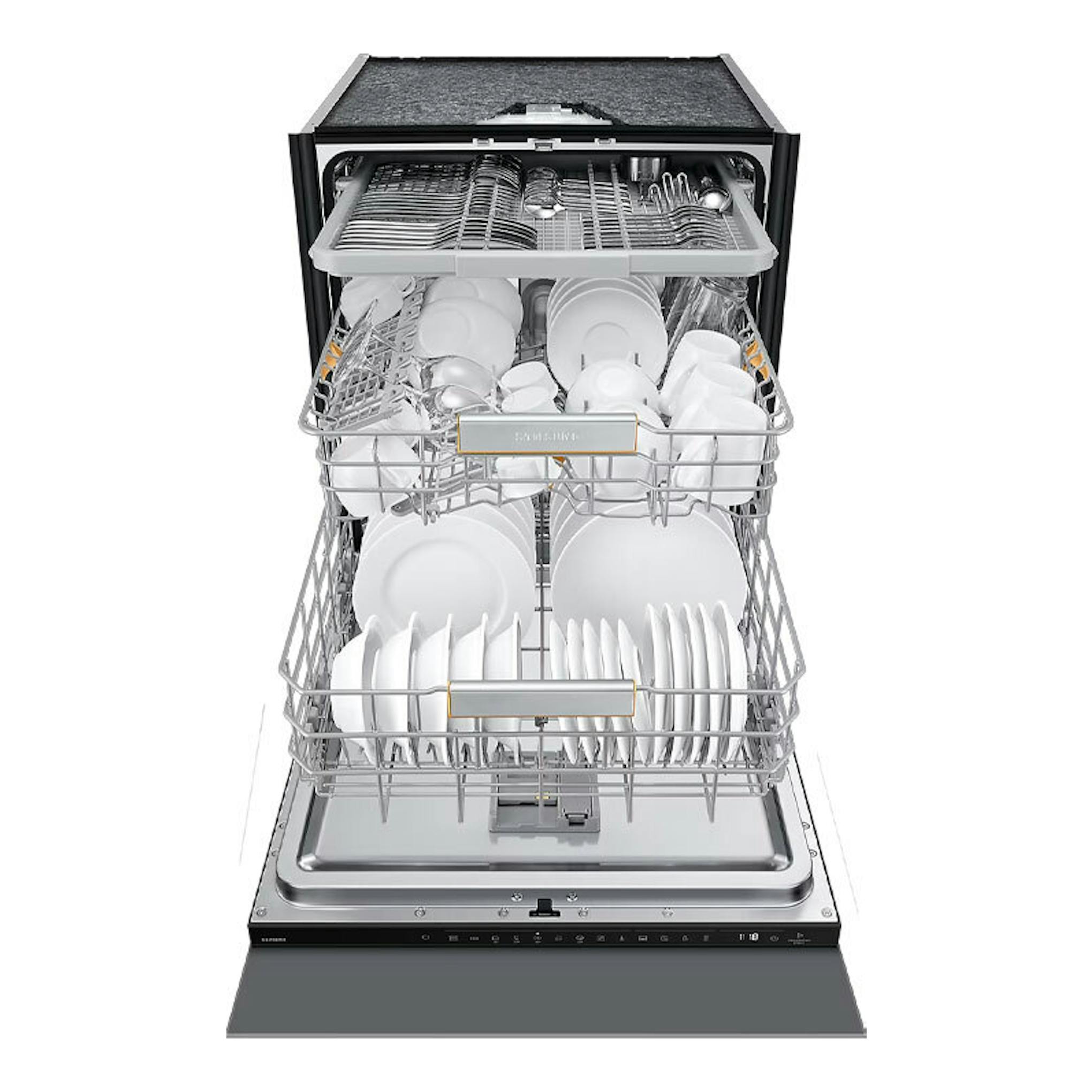Lavavajillas integrable Samsung DW60DG790I00U1 de 60 cm, abierto, con cestas y vajilla blanca.