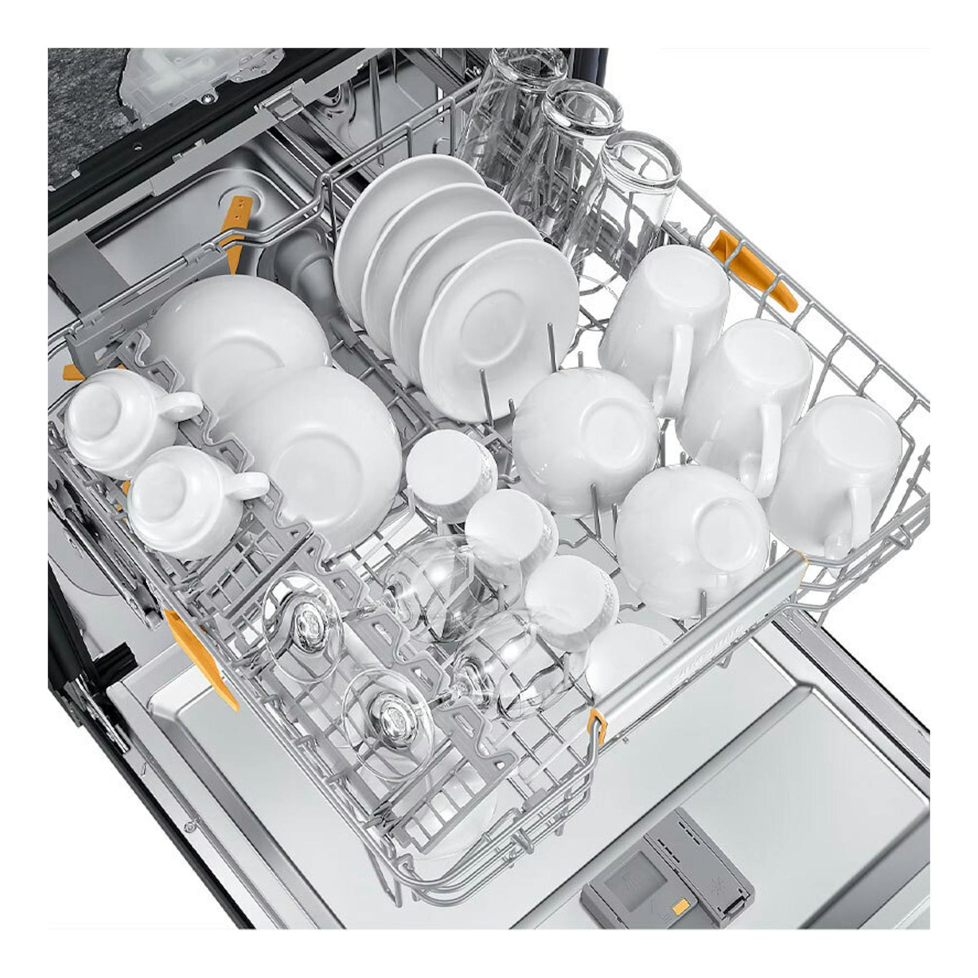 Lavavajillas integrable Samsung DW60DG790I00U1, vista superior del interior gris con cestas llenas de platos y vasos.