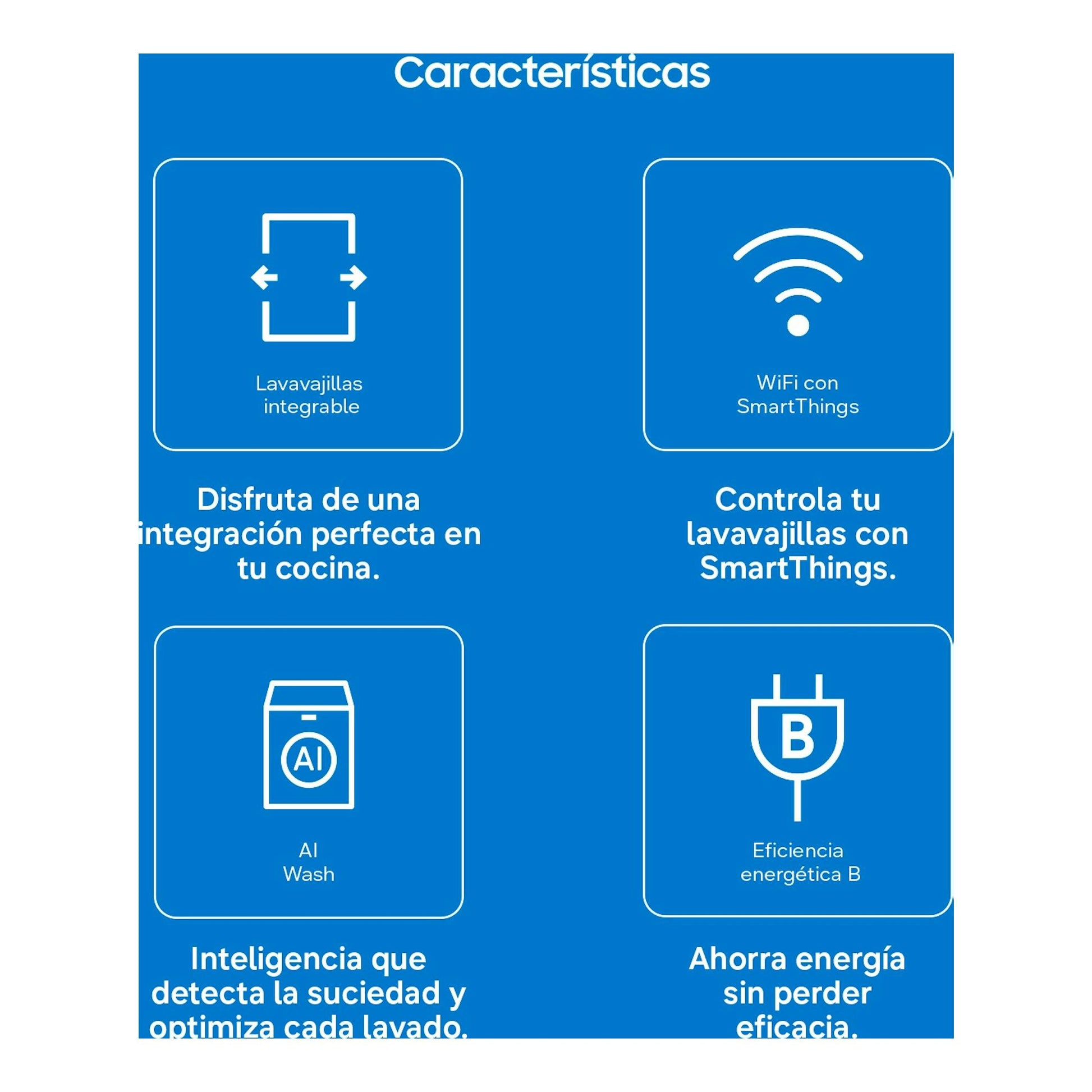 Infografía azul del lavavajillas integrable Samsung DW80H73WBI0U1 con WiFi SmartThings, AI Wash y eficiencia B.