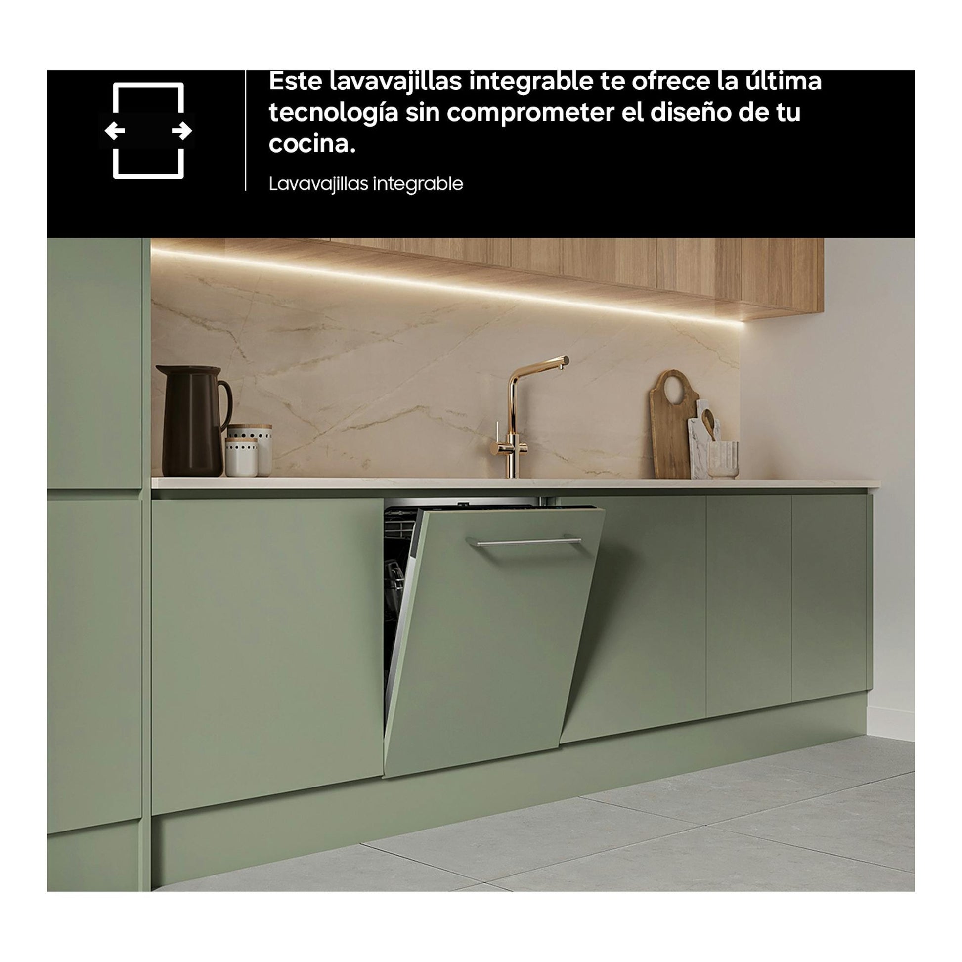 Lavavajillas integrable Samsung DW80H73WBI0U1, puerta abierta, en cocina verde.