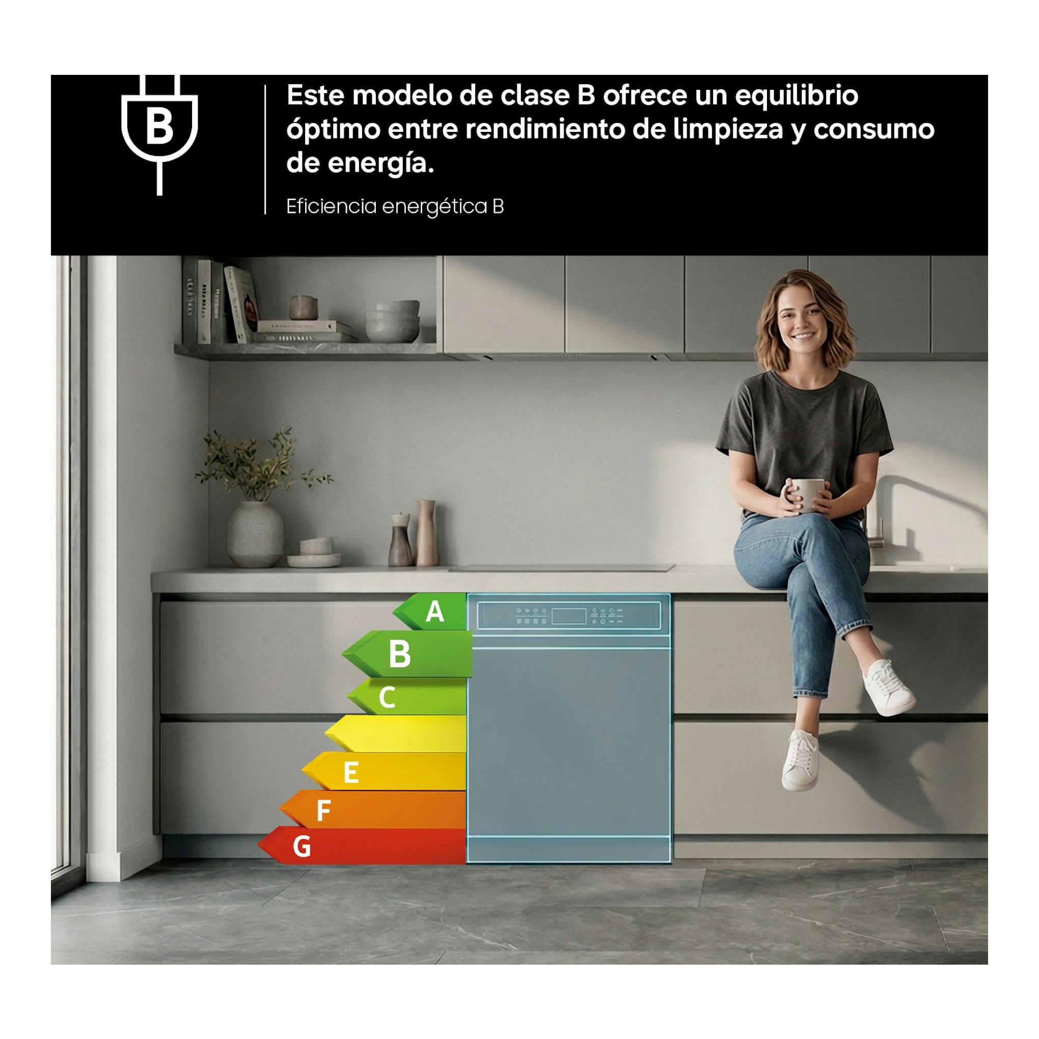 Lavavajillas integrable Samsung DW80H73WBI0U1, vista frontal, gris, en cocina, con etiqueta energética B.