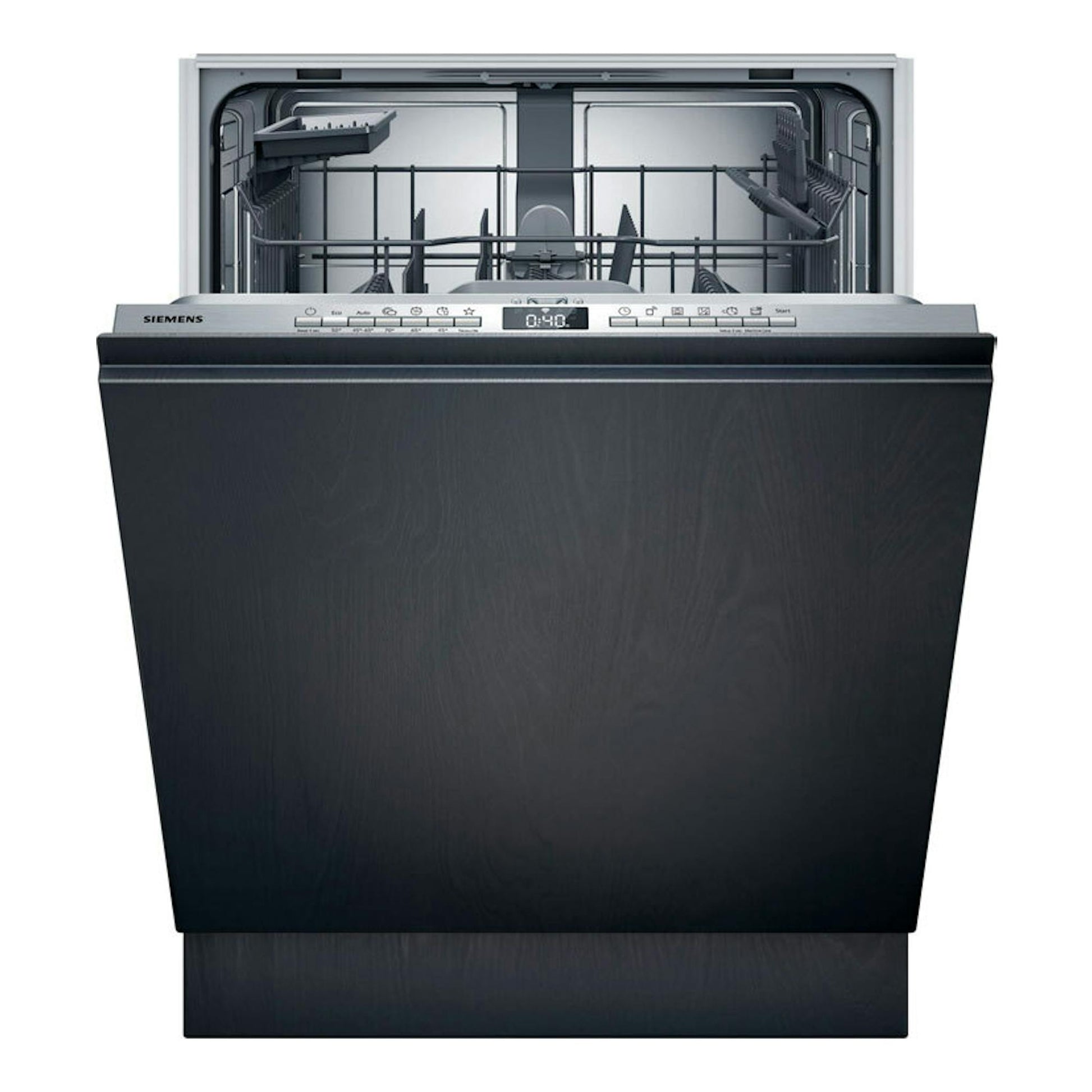 Lavavajillas integrable Siemens SN63HX03TE, vista frontal, puerta negra abierta e interior con cestas metálicas.