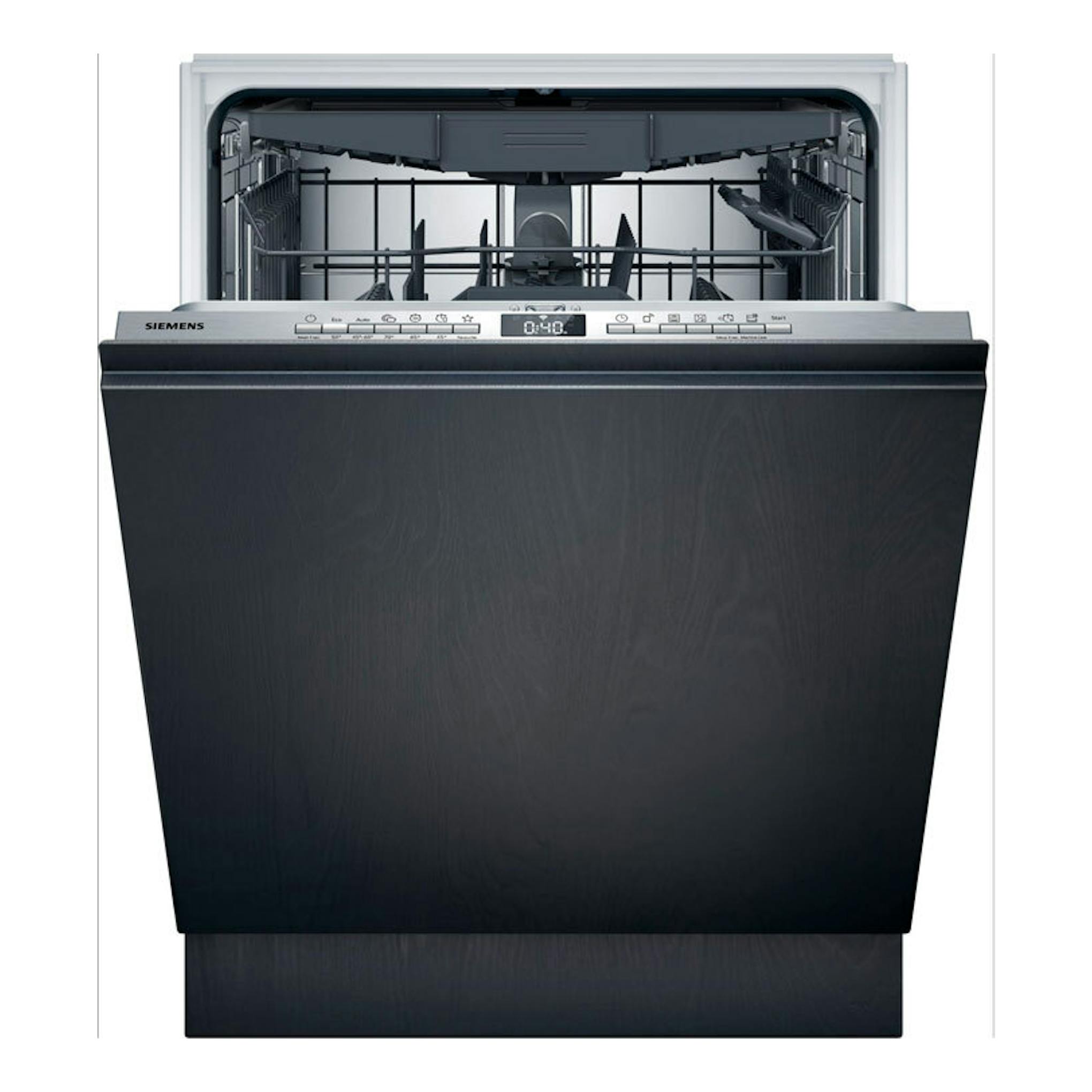 Lavavajillas integrable Siemens SN63HX16CE, frontal negro con puerta abierta e interior visible.