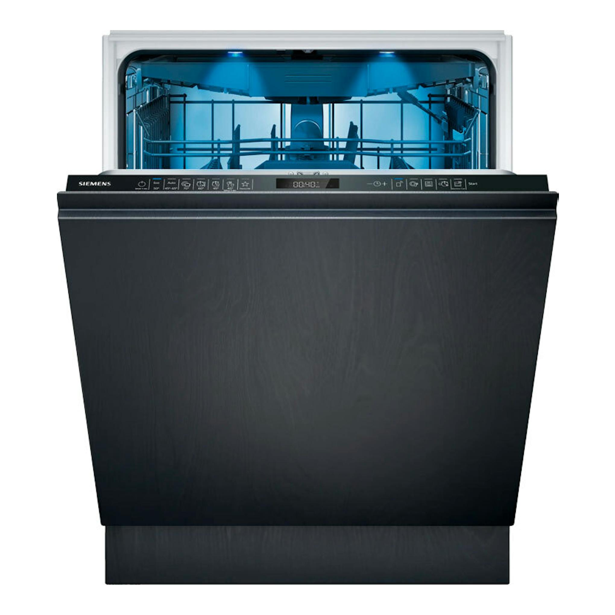 Lavavajillas integrable Siemens SN65ZX17CE negro, puerta abierta, interior azul visible