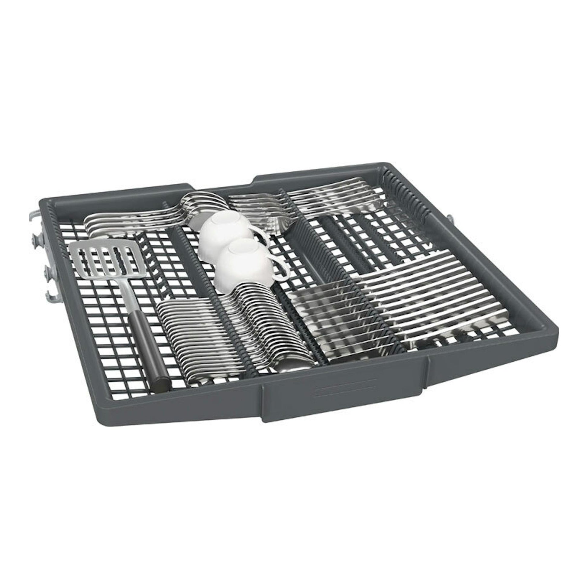 Bandeja superior para cubiertos Siemens SN65ZX17CE, vista superior, color gris oscuro, con cubiertos y tazas.