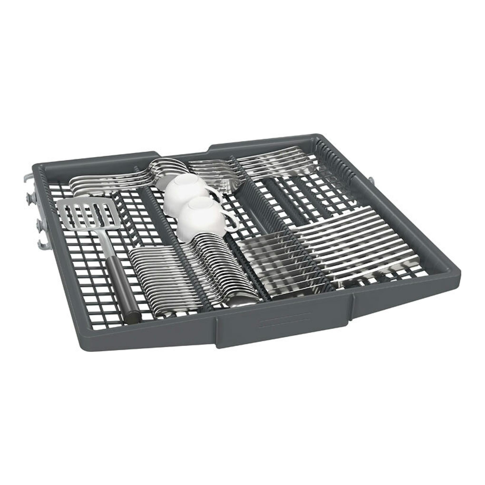 Bandeja superior para cubiertos Siemens SN65ZX17CE, vista superior, color gris oscuro, con cubiertos y tazas.