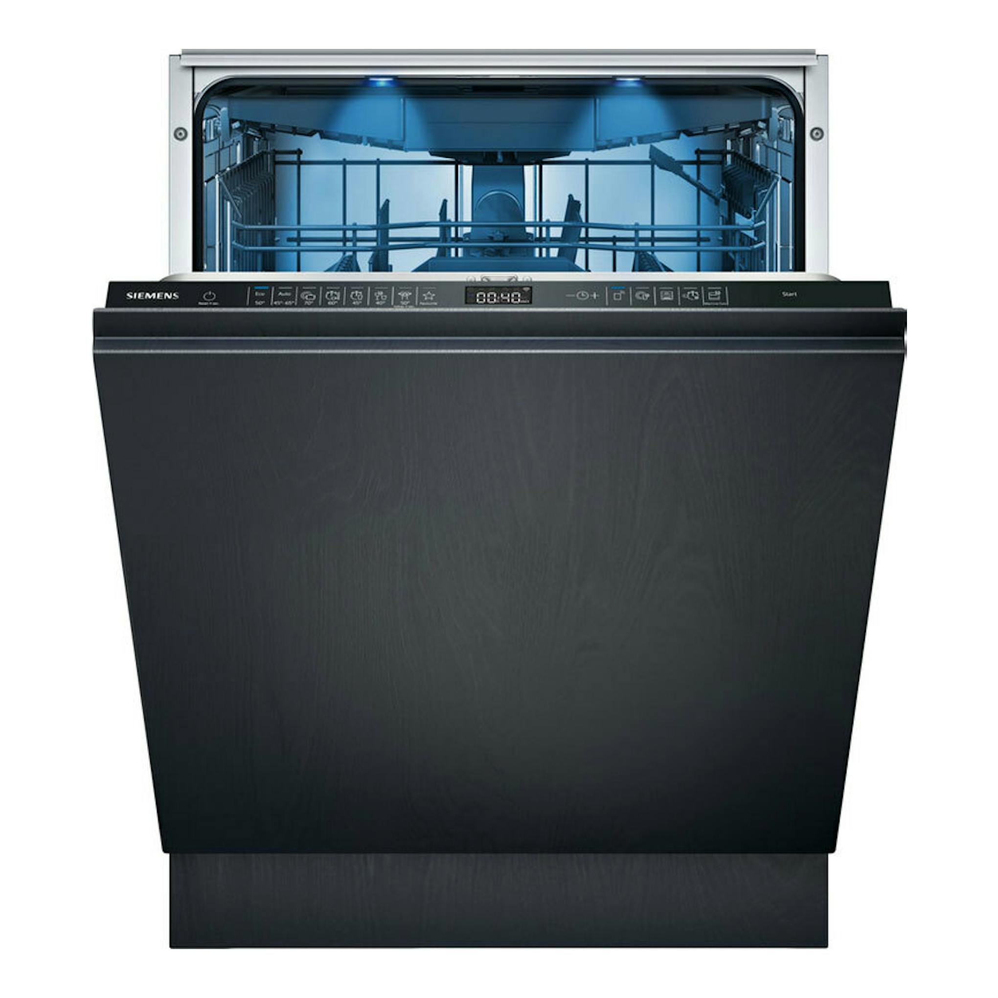 Lavavajillas integrable Siemens SN75ZX07CE negro, vista frontal con puerta abierta e interior azul.