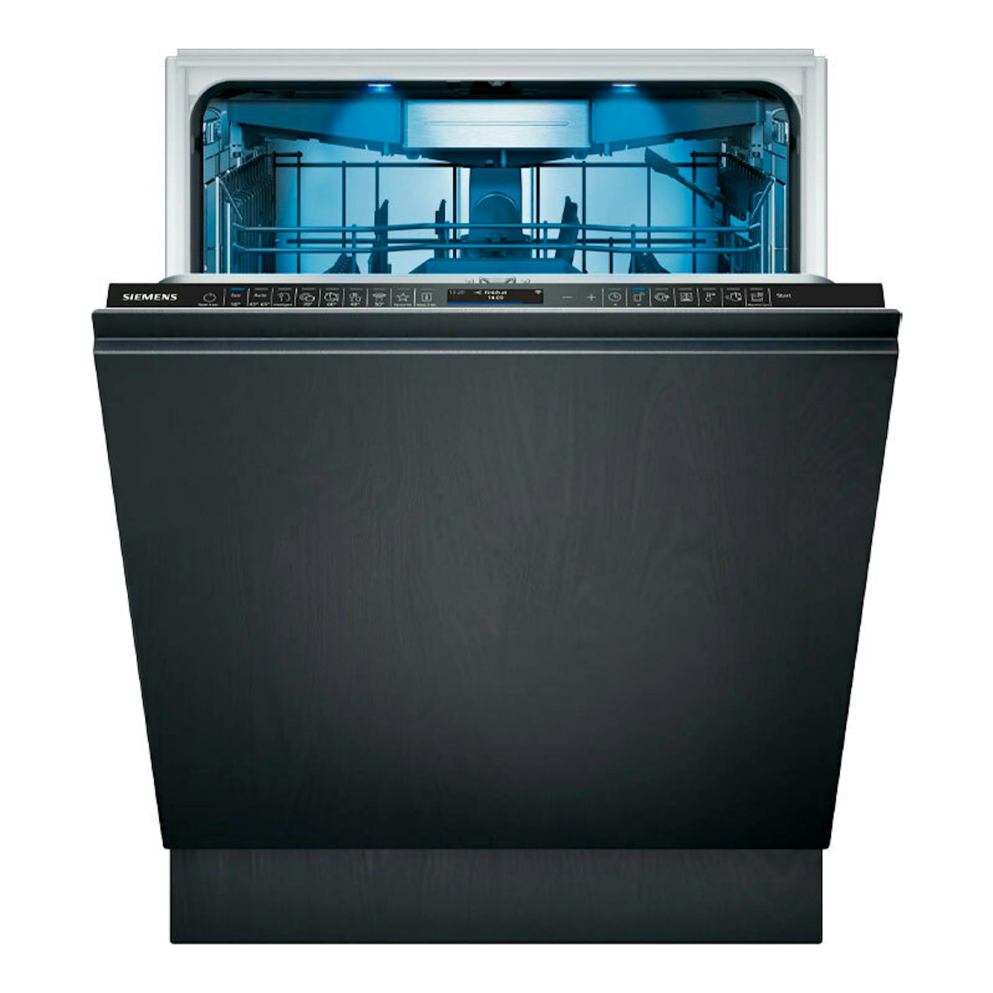Lavavajillas integrable Siemens SN87TX02CE negro, frontal, con puerta abierta e interior iluminado en azul.