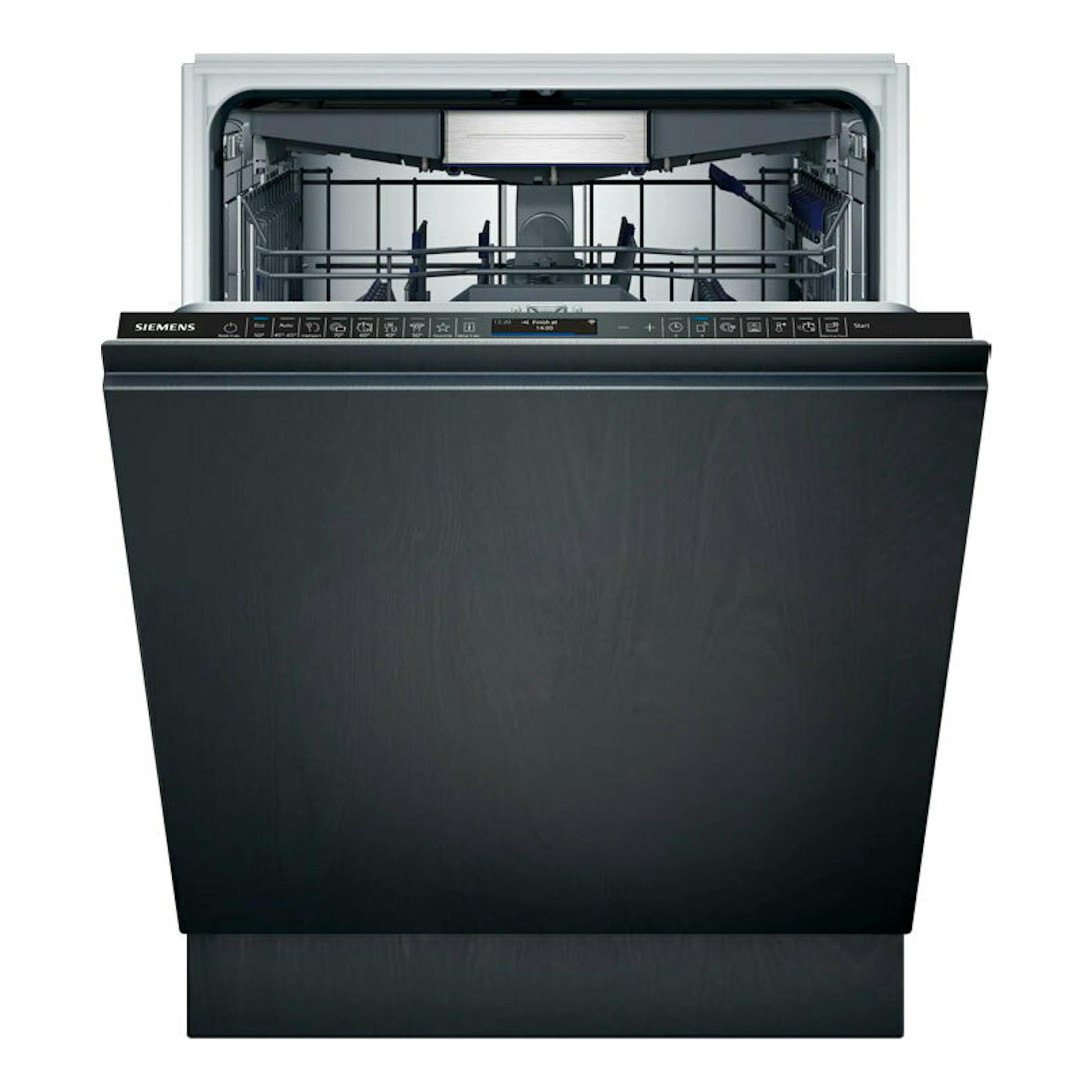 Lavavajillas integrable Siemens SN97TX02CE negro, vista frontal con la puerta abierta e interior visible.