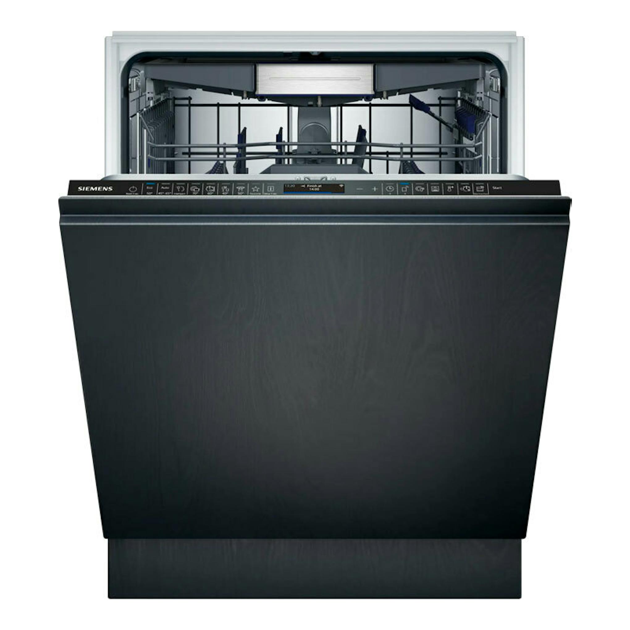 Lavavajillas integrable Siemens SN97TX02CE negro, vista frontal con la puerta abierta e interior visible.