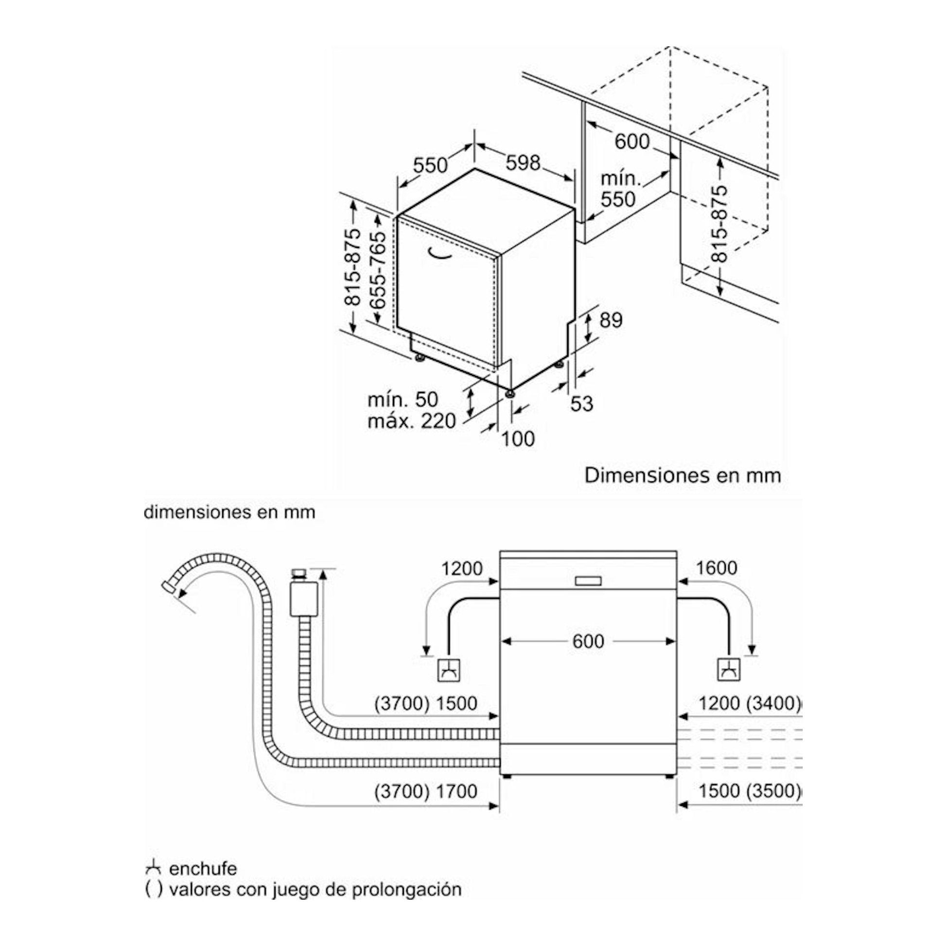 Diagrama técnico de lavavajillas integrable Siemens SN97TX02CE, vistas y medidas de instalación en mm.