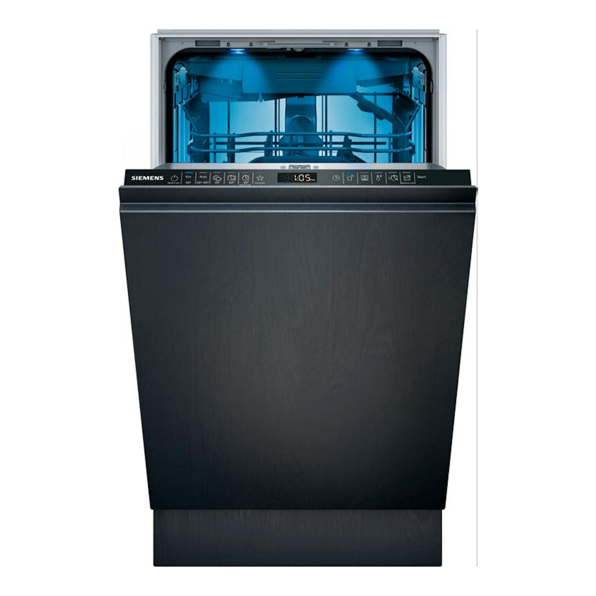 Lavavajillas integrable Siemens SR65EX09ME, vista frontal, negro, puerta abierta e interior iluminado en azul.