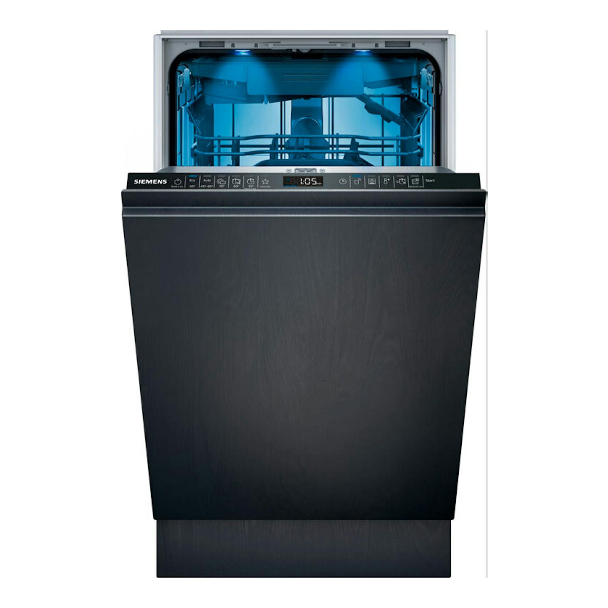 Lavavajillas integrable Siemens SR65EX09ME, vista frontal, negro, puerta abierta e interior iluminado en azul.