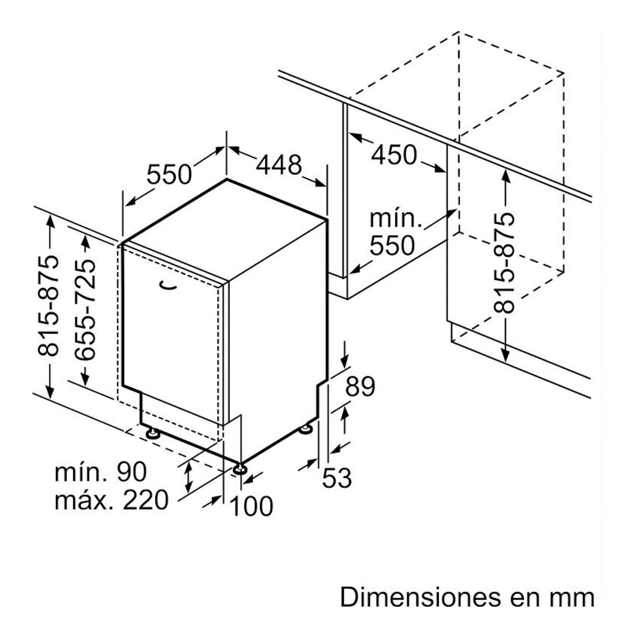 Diagrama isométrico en blanco y negro del lavavajillas integrable Siemens SR65EX09ME con medidas de instalación.