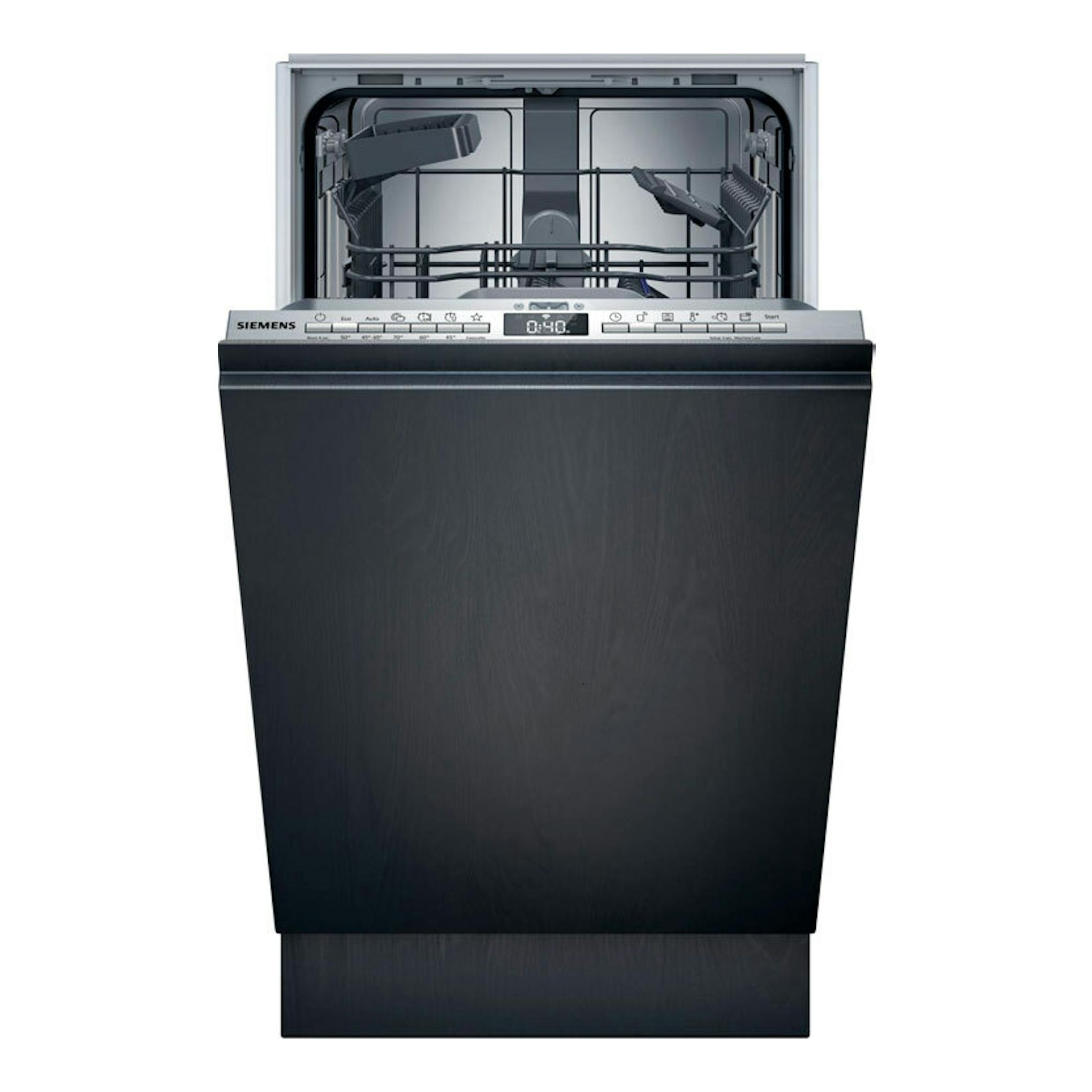 Lavavajillas integrable Siemens SR93EX25LE de 45 cm, vista frontal, puerta negra abierta y cesta interior visible.