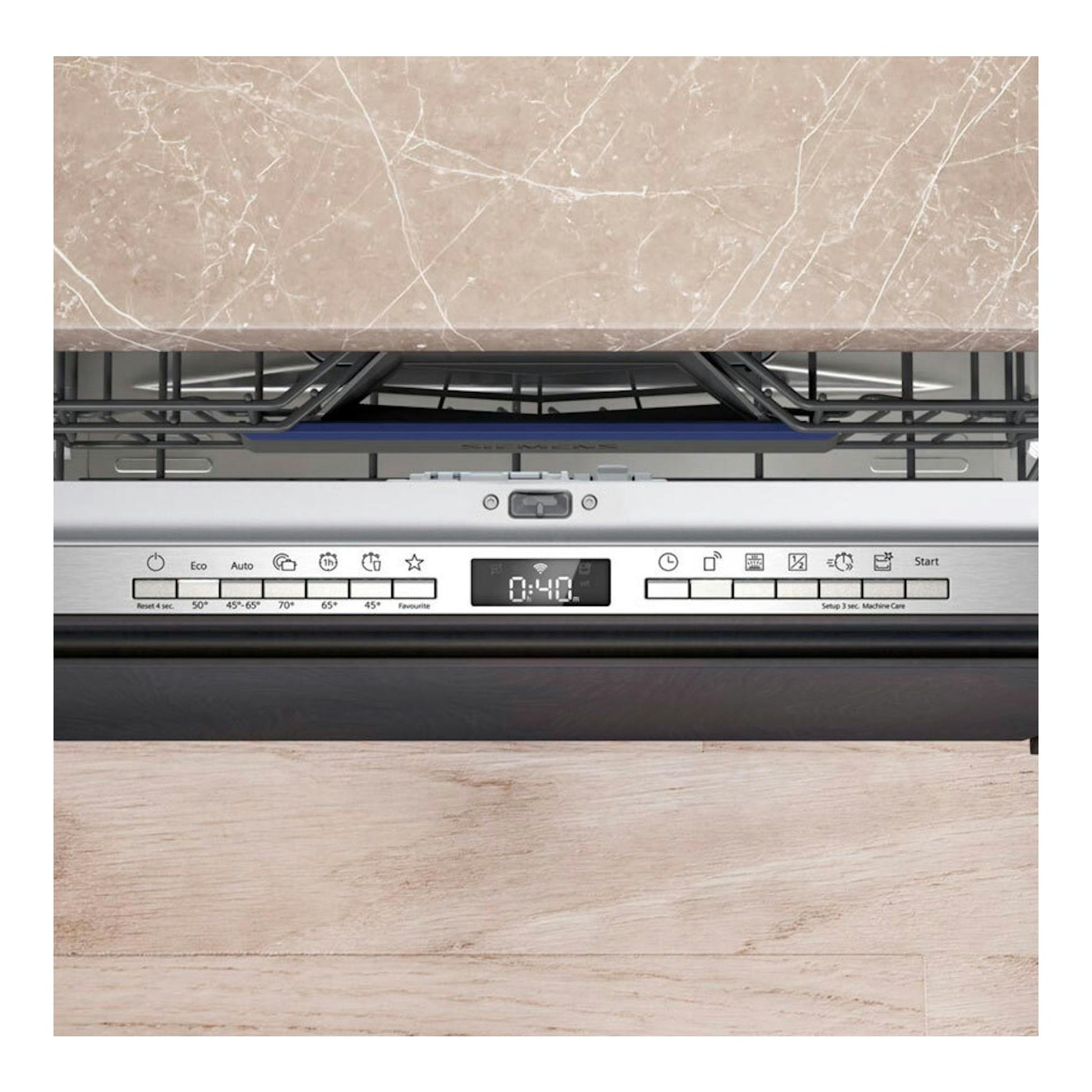 Lavavajillas integrable Siemens SX63HX16CE de 60 cm, con puerta parcialmente abierta y panel frontal.