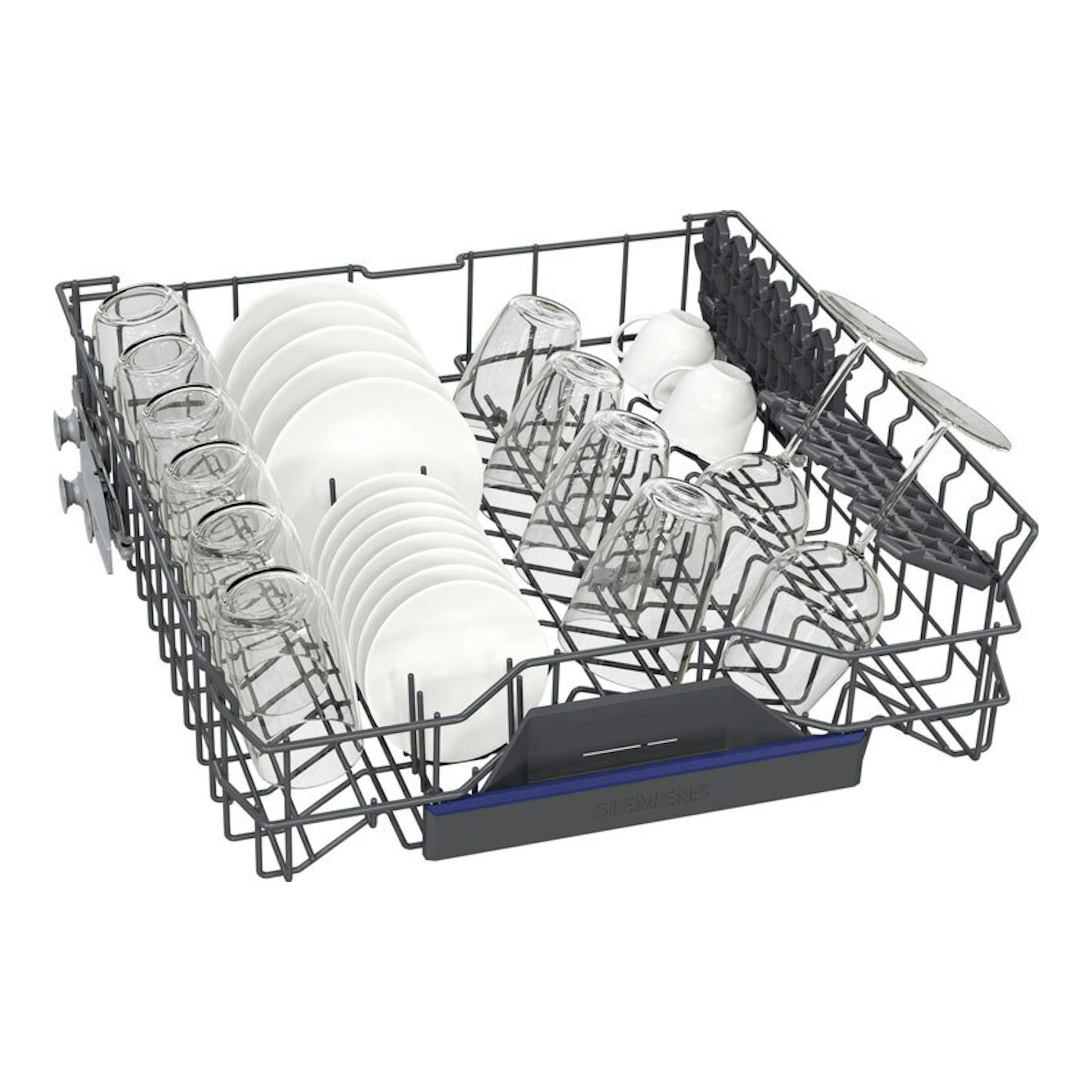 Cesta superior de lavavajillas Siemens SX63HX16CE, vista en perspectiva, con platos, vasos y copas.