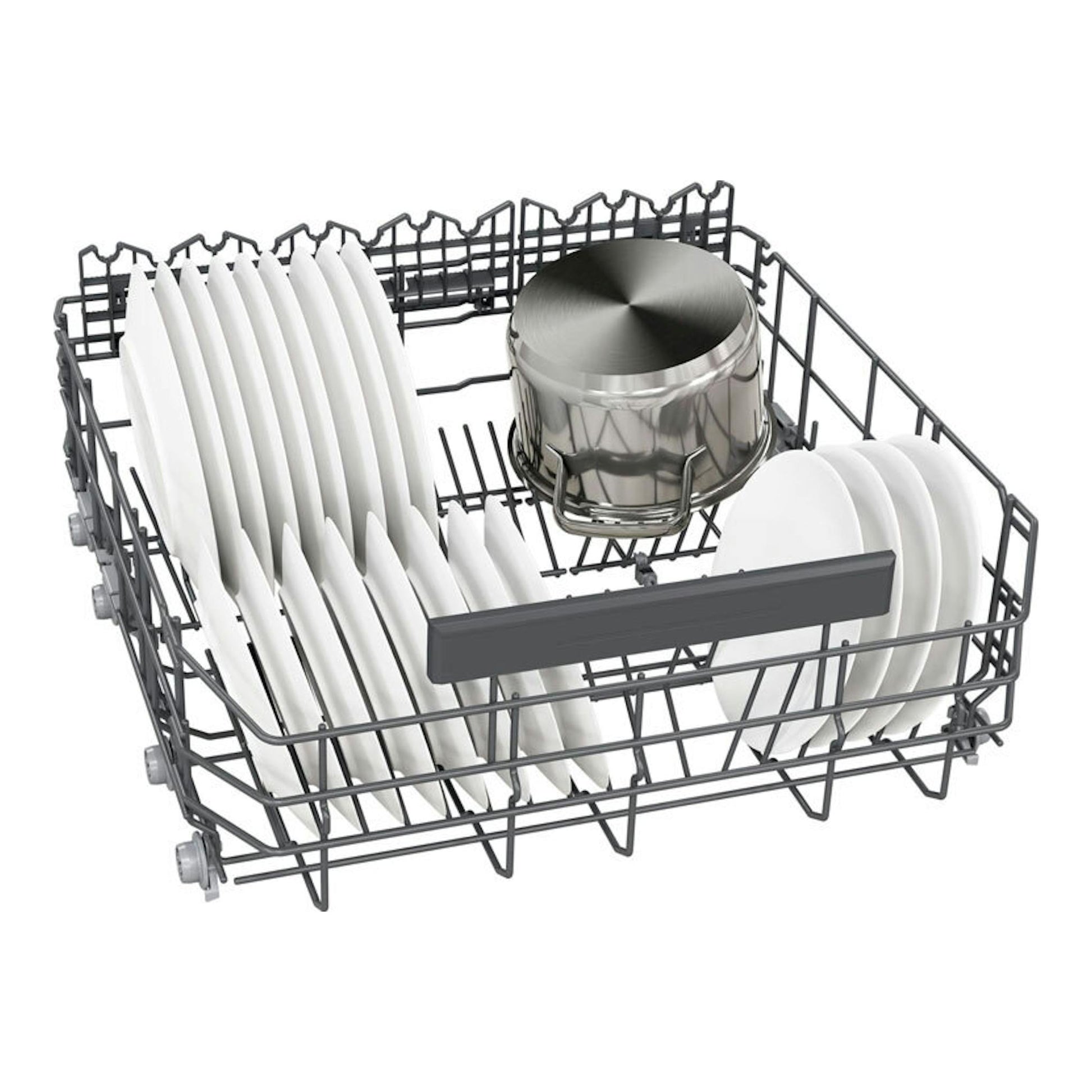 Lavavajillas integrable Siemens SX63HX16CE: cesta gris con platos blancos y una olla metálica, vista frontal.